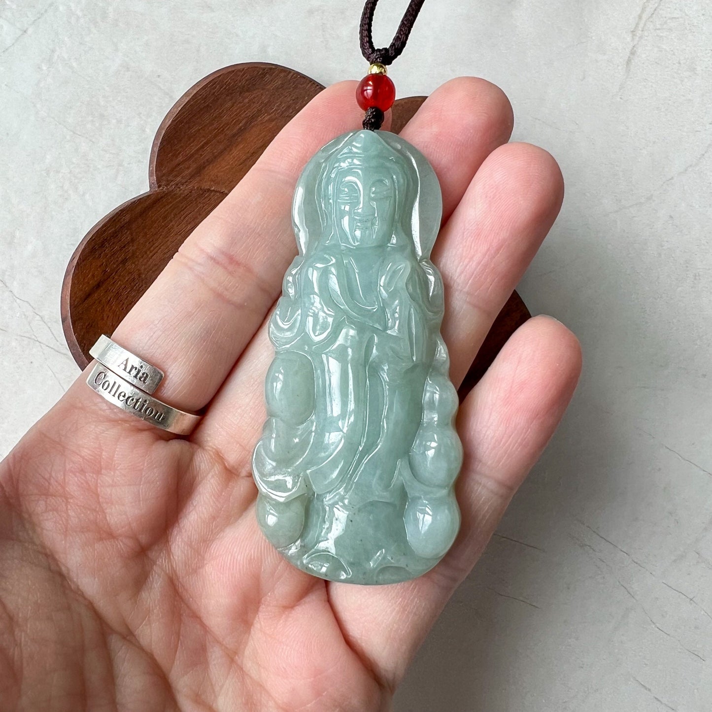 Standing Jadeite Jade Guan Yin Avalokiteshvara Hand Carved Pendant Necklace, Guanyin, 观音, YJ-0222-0226811 - AriaDesignCollection