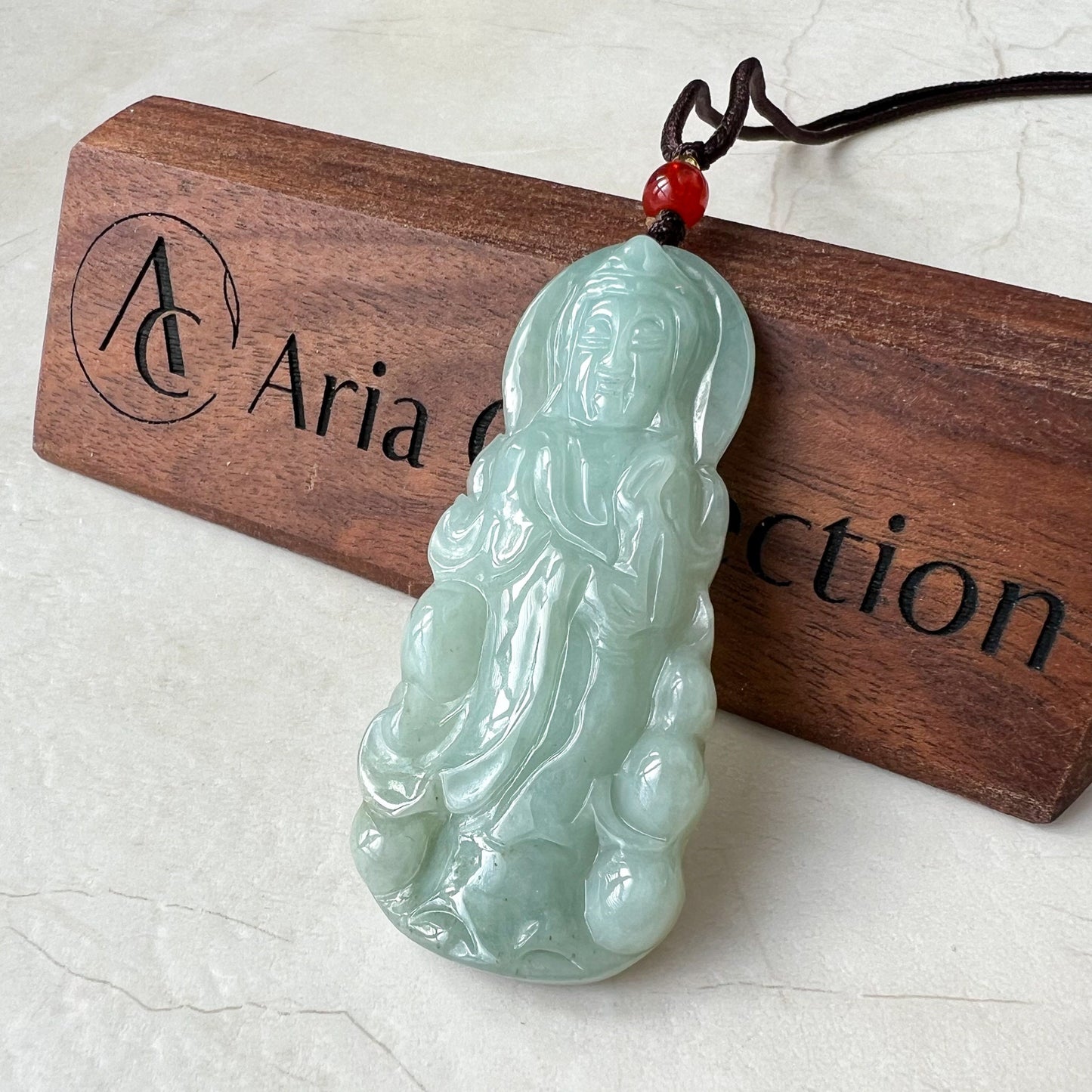 Standing Jadeite Jade Guan Yin Avalokiteshvara Hand Carved Pendant Necklace, Guanyin, 观音, YJ-0222-0226811 - AriaDesignCollection