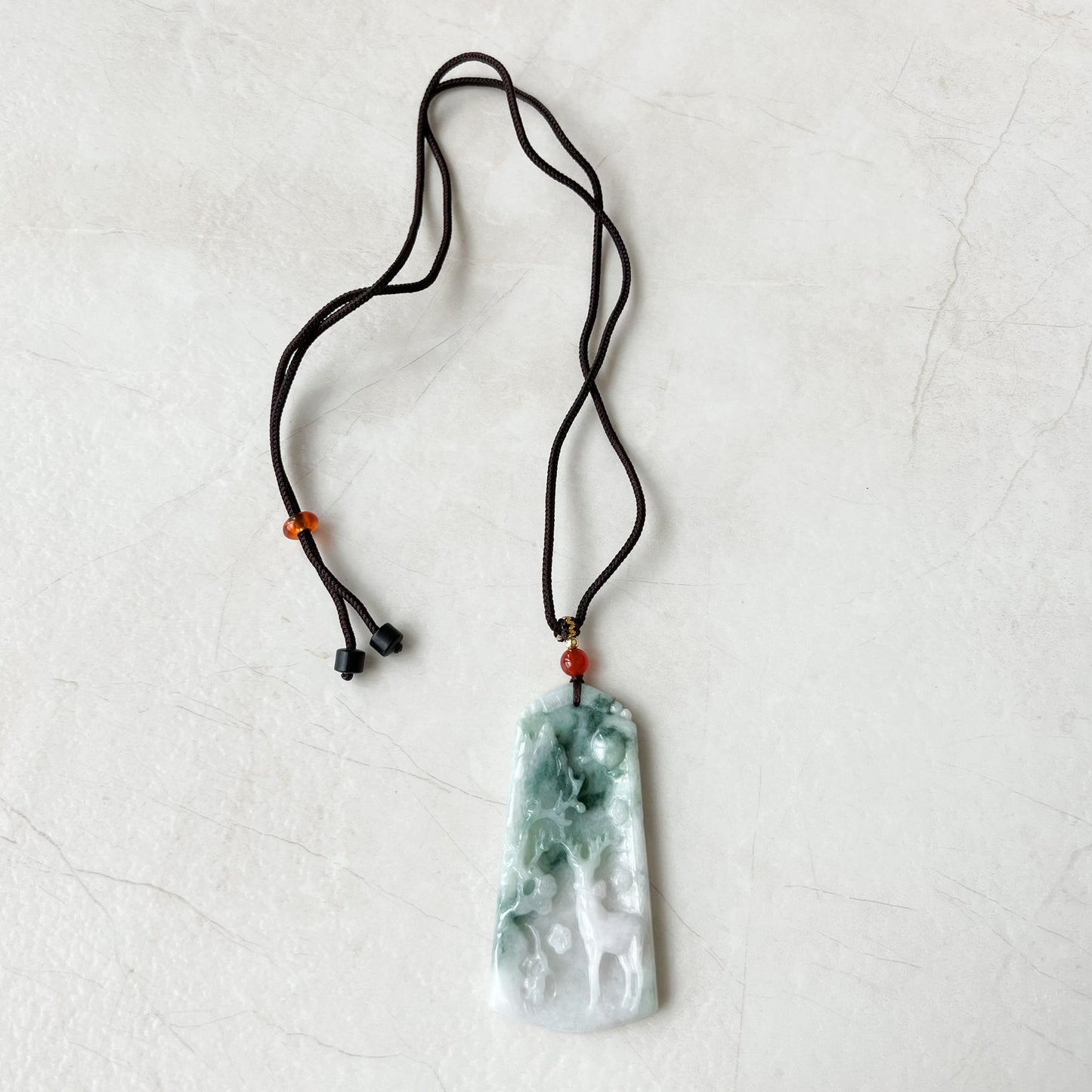 Green Jadeite Jade Deer in Forest Hand Carved Pendant Necklace, YJ-0722-0008298