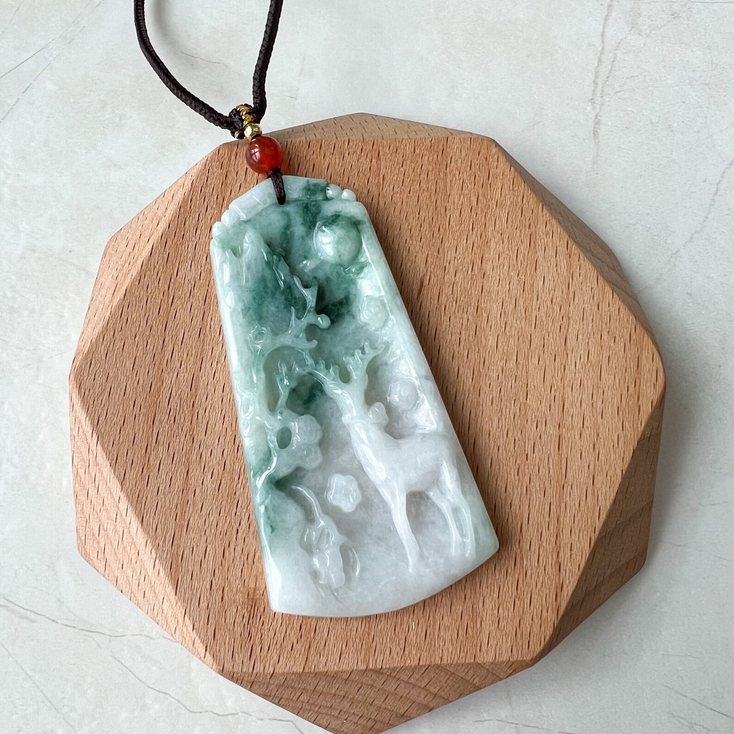 Green Jadeite Jade Deer in Forest Hand Carved Pendant Necklace, YJ-0722-0008298