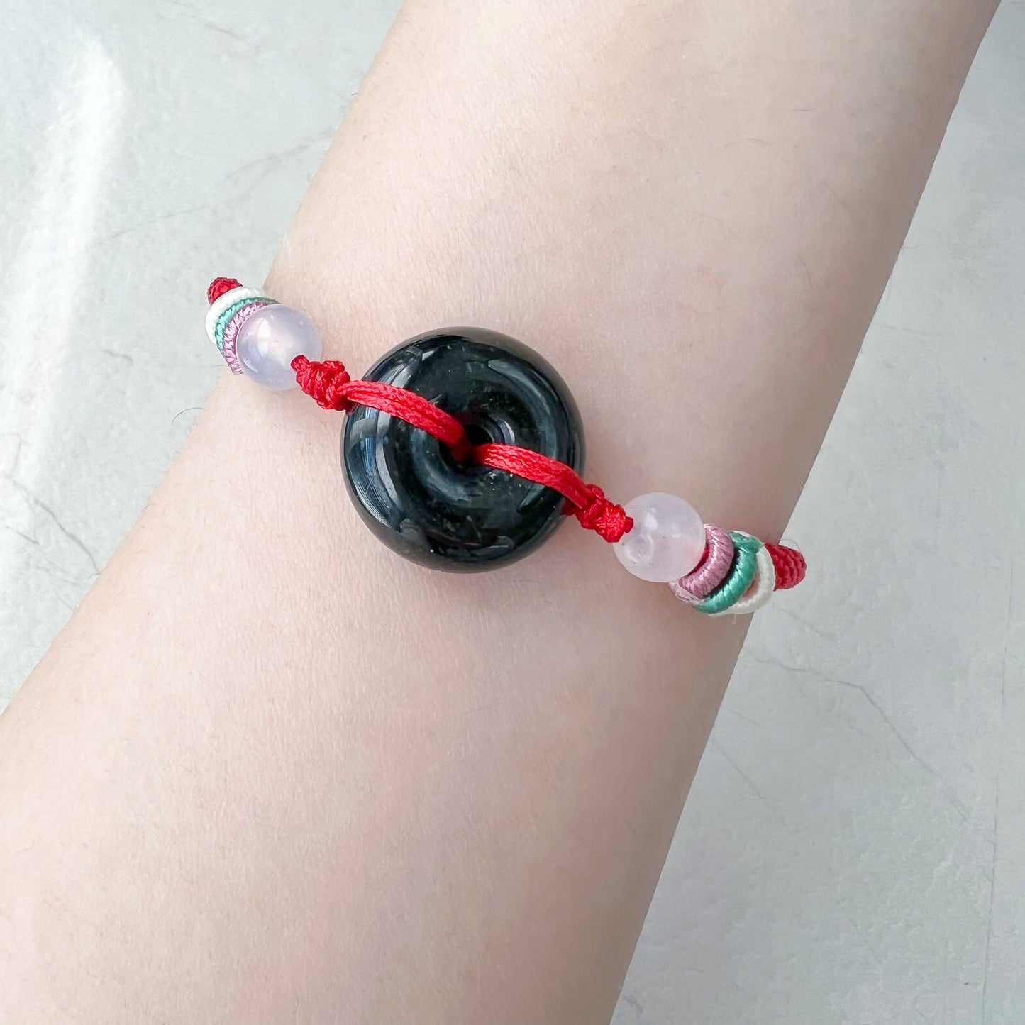 Small Black Red Jadeite Jade Circle Donut Ping An Peace Minimalist Bracelet, LGG-0422-1673245015