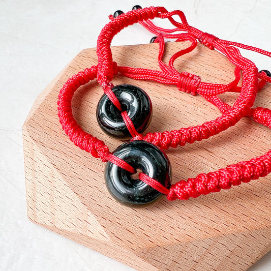 Small Black Red Jadeite Jade Circle Donut Ping An Peace Minimalist Bracelet, LGG-0422-1673245015