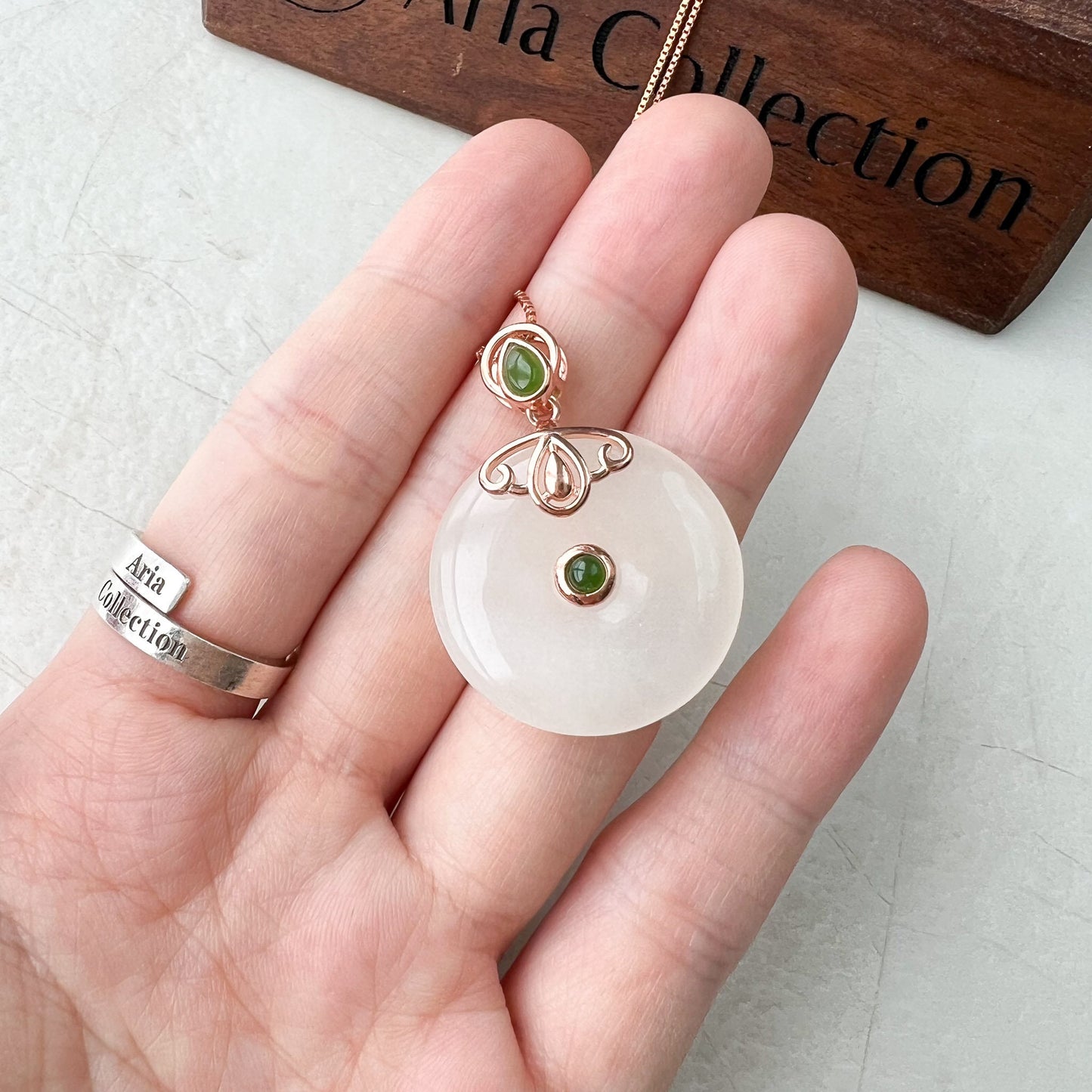White Nephrite Jade Donut Rose Gold Plated Sterling Silver Pendant Necklace, HST-0622-1674937326