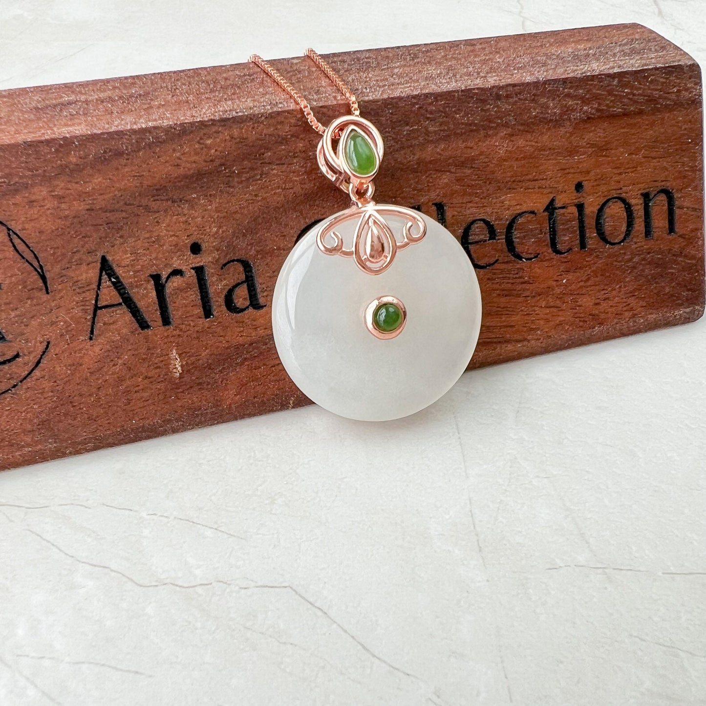 White Nephrite Jade Donut Rose Gold Plated Sterling Silver Pendant Necklace, HST-0622-1674937326