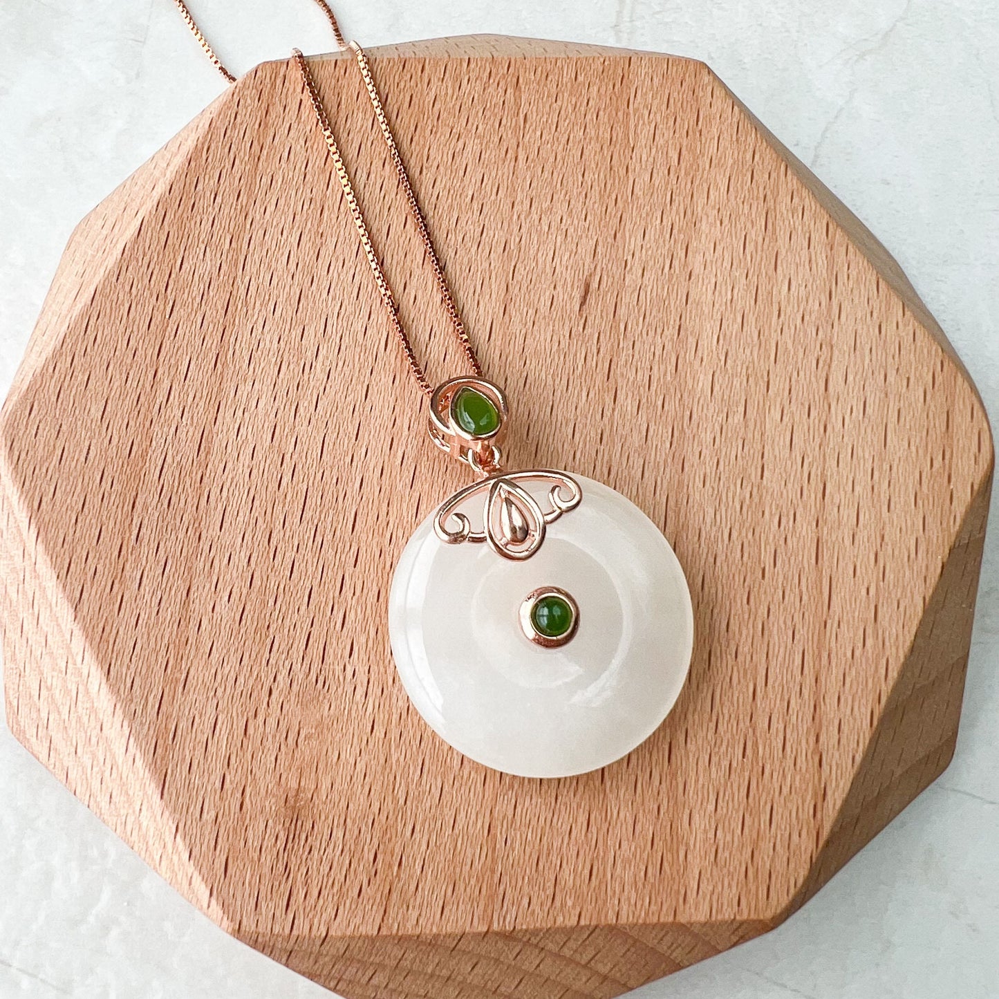 White Nephrite Jade Donut Rose Gold Plated Sterling Silver Pendant Necklace, HST-0622-1674937326