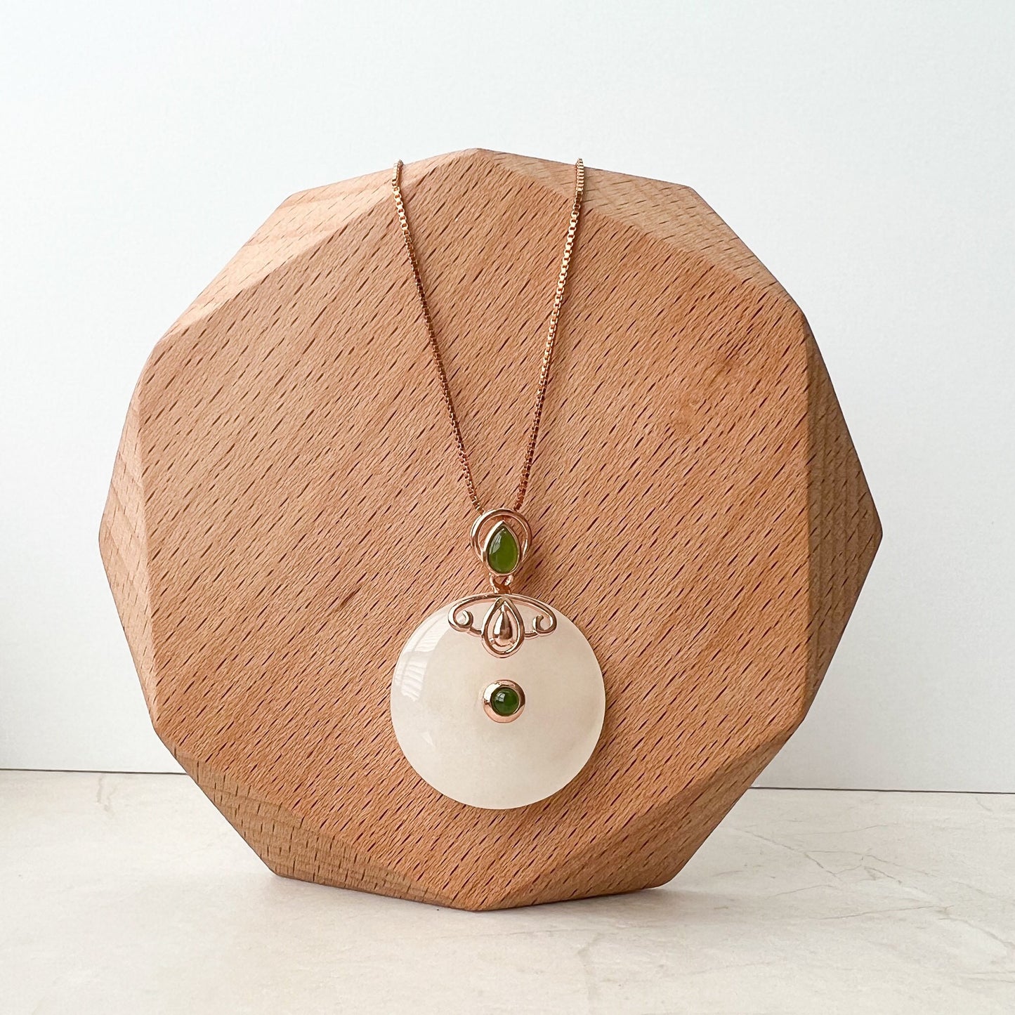White Nephrite Jade Donut Rose Gold Plated Sterling Silver Pendant Necklace, HST-0622-1674937326