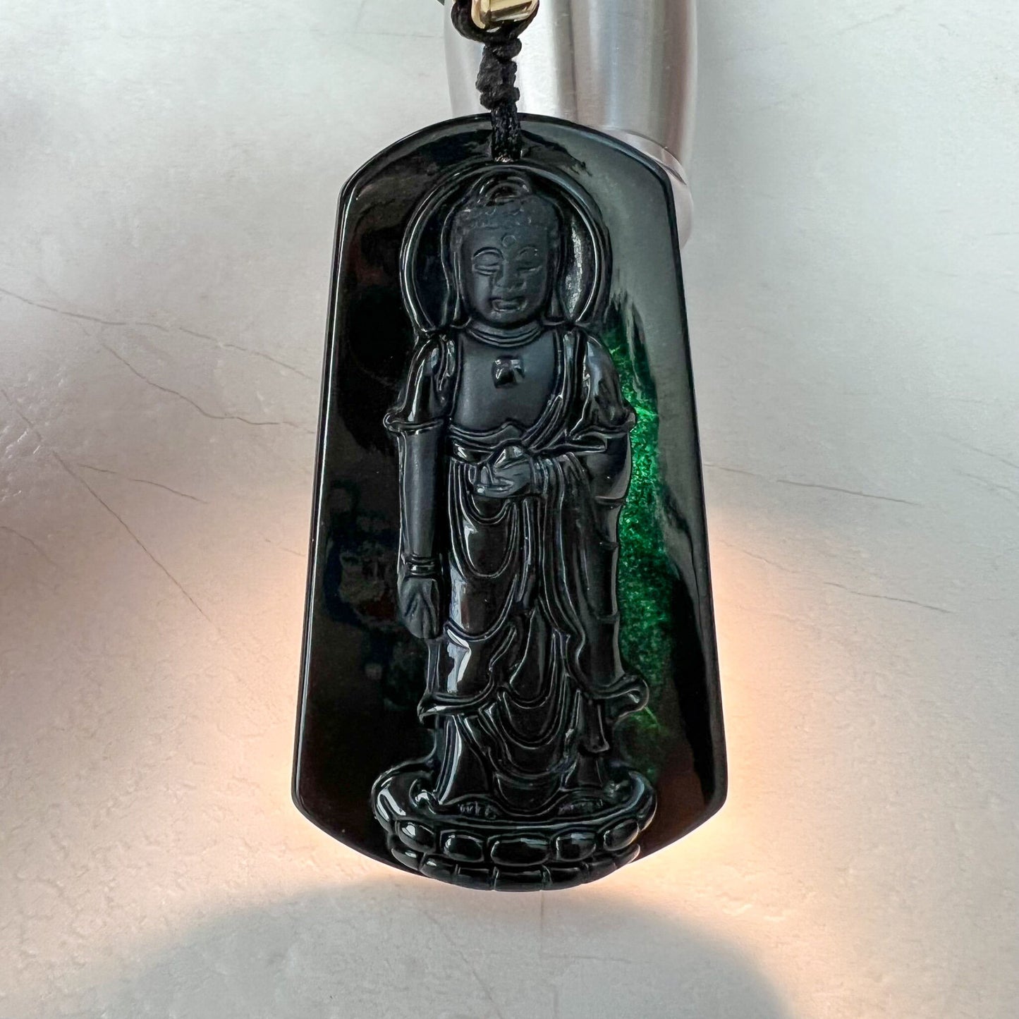 Amitabha Buddha Amita Amida, Black Jadeite Jade Omphacite Carved Pendant Necklace, LGG-1221-1673820659