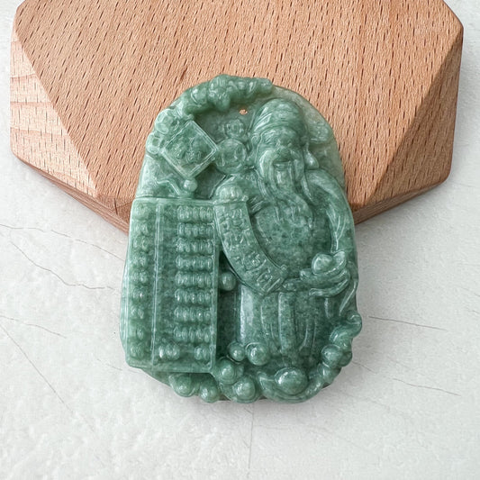 Green Jadeite Jade Fortune God, Caishen, God of Wealth, 财神, Hand Carved Pendant Necklace, YJ-0522-0426884
