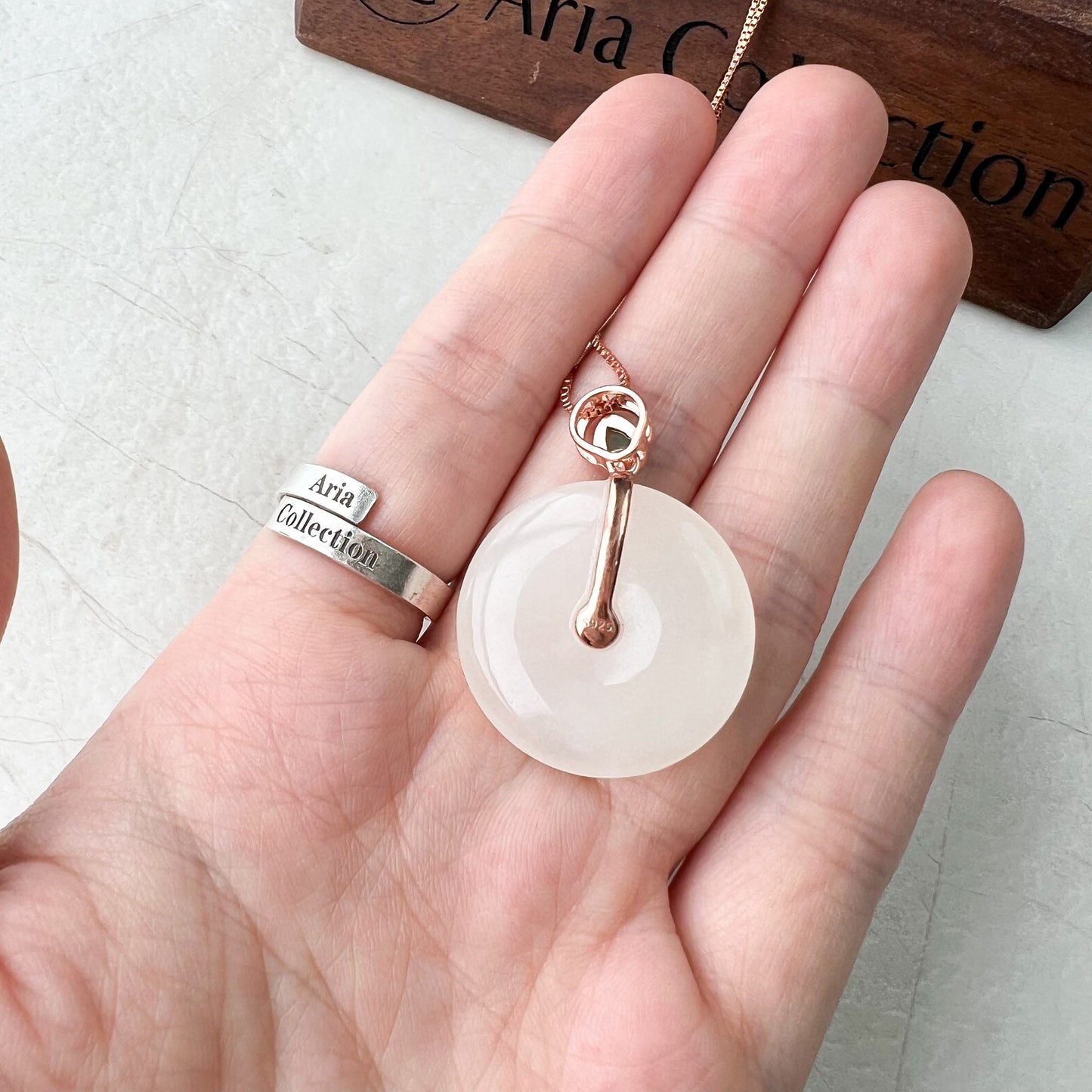 White Nephrite Jade Donut Rose Gold Plated Sterling Silver Pendant Necklace, HST-0622-1674937326