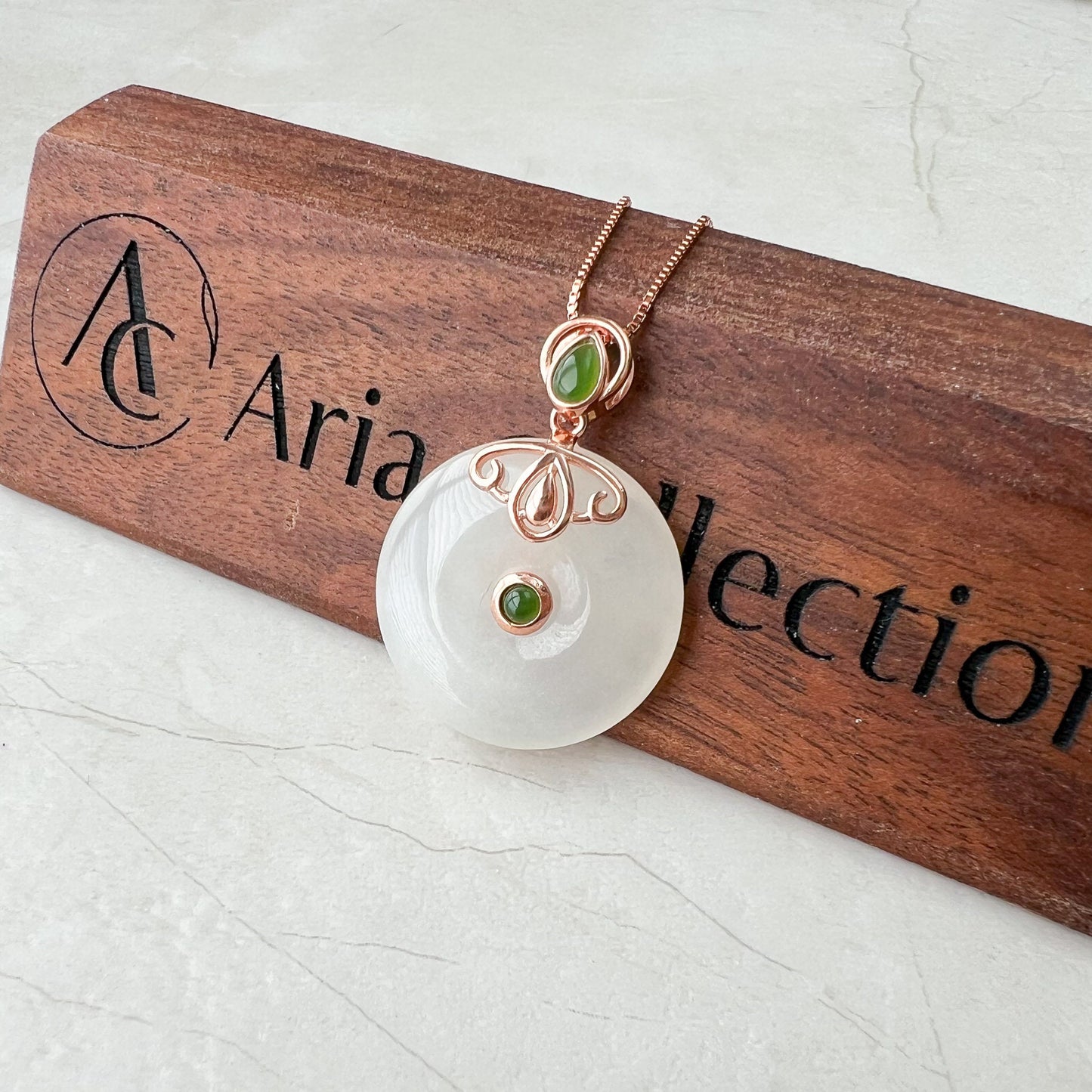 White Nephrite Jade Donut Rose Gold Plated Sterling Silver Pendant Necklace, HST-0622-1674937326