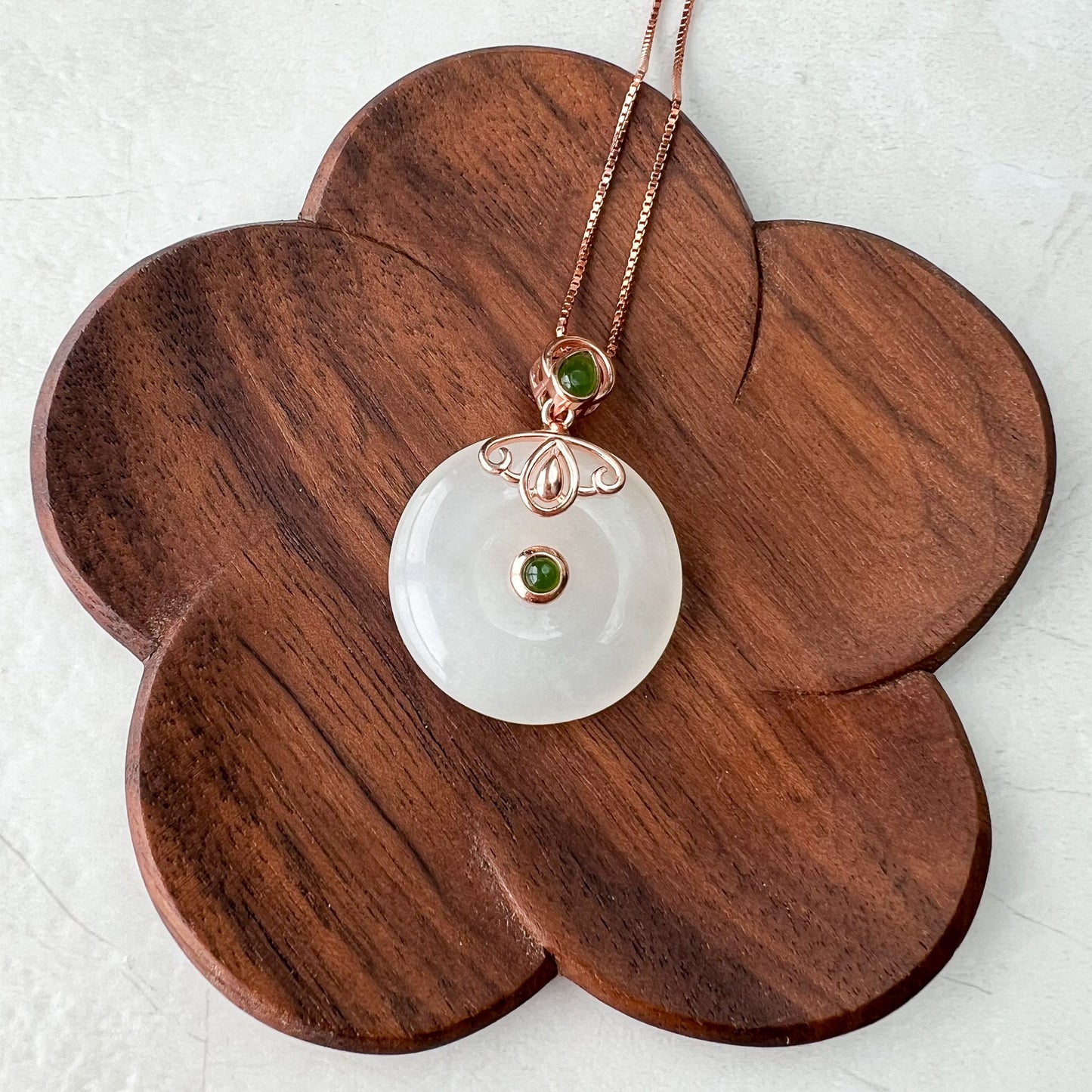 White Nephrite Jade Donut Rose Gold Plated Sterling Silver Pendant Necklace, HST-0622-1674937326