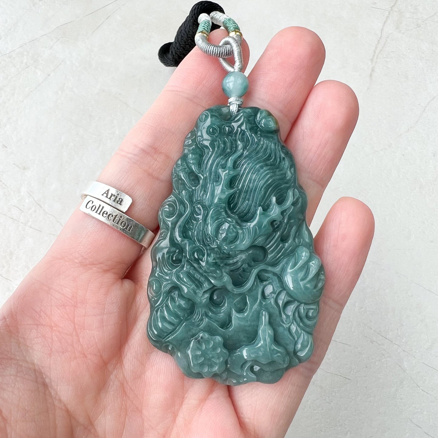 Green Jadeite Jade Dragon Chinese Zodiac Hand Carved Pendant Necklace, Green Blue Jade, XZ-0822-0004765