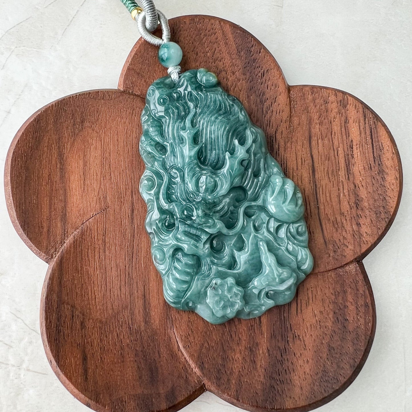 Green Jadeite Jade Dragon Chinese Zodiac Hand Carved Pendant Necklace, Green Blue Jade, XZ-0822-0004765