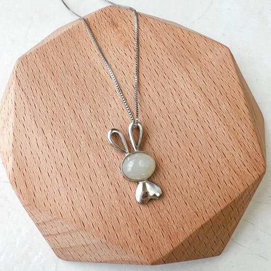 Small White Nephrite Jade Rabbit Pendant with Sterling Silver, HST-0622-1674960559