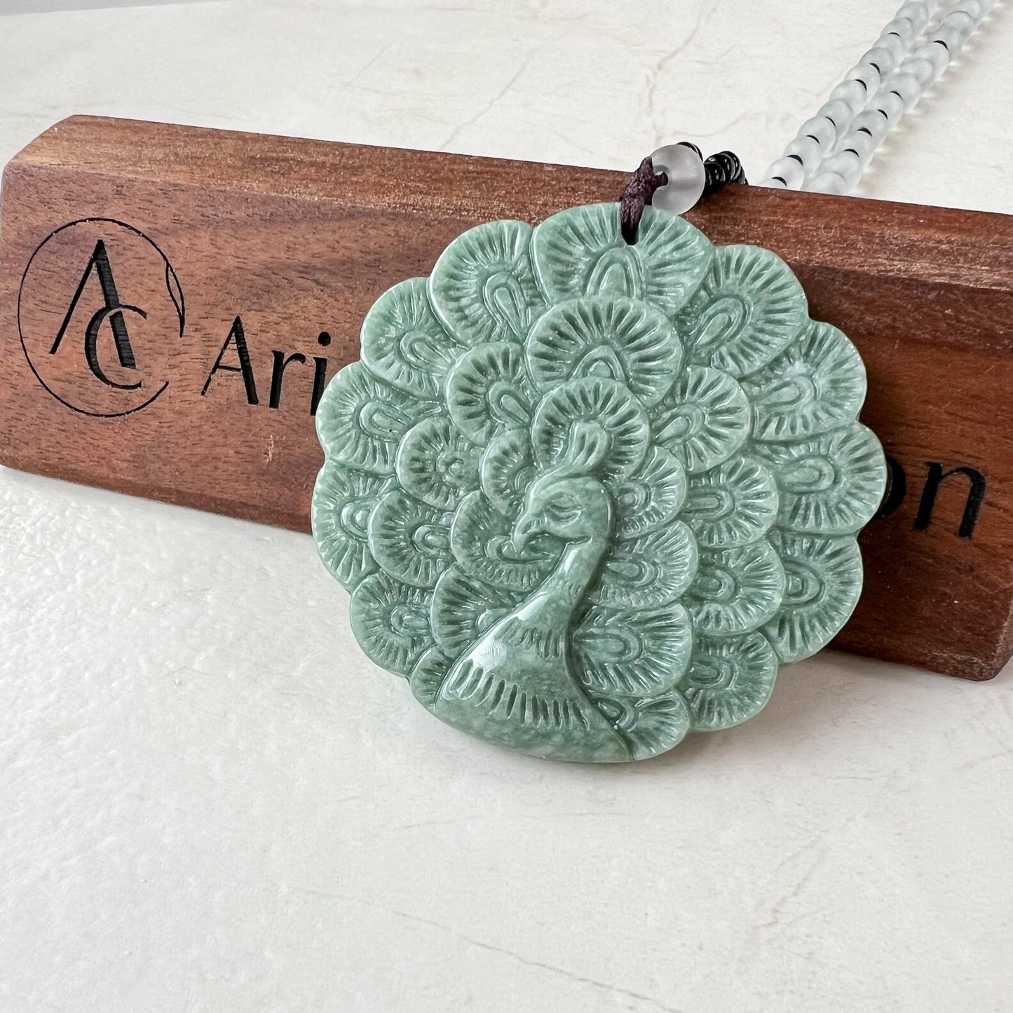 Large Green Jadeite Jade Peacock Carved Pendant, YJ-0522-0426883