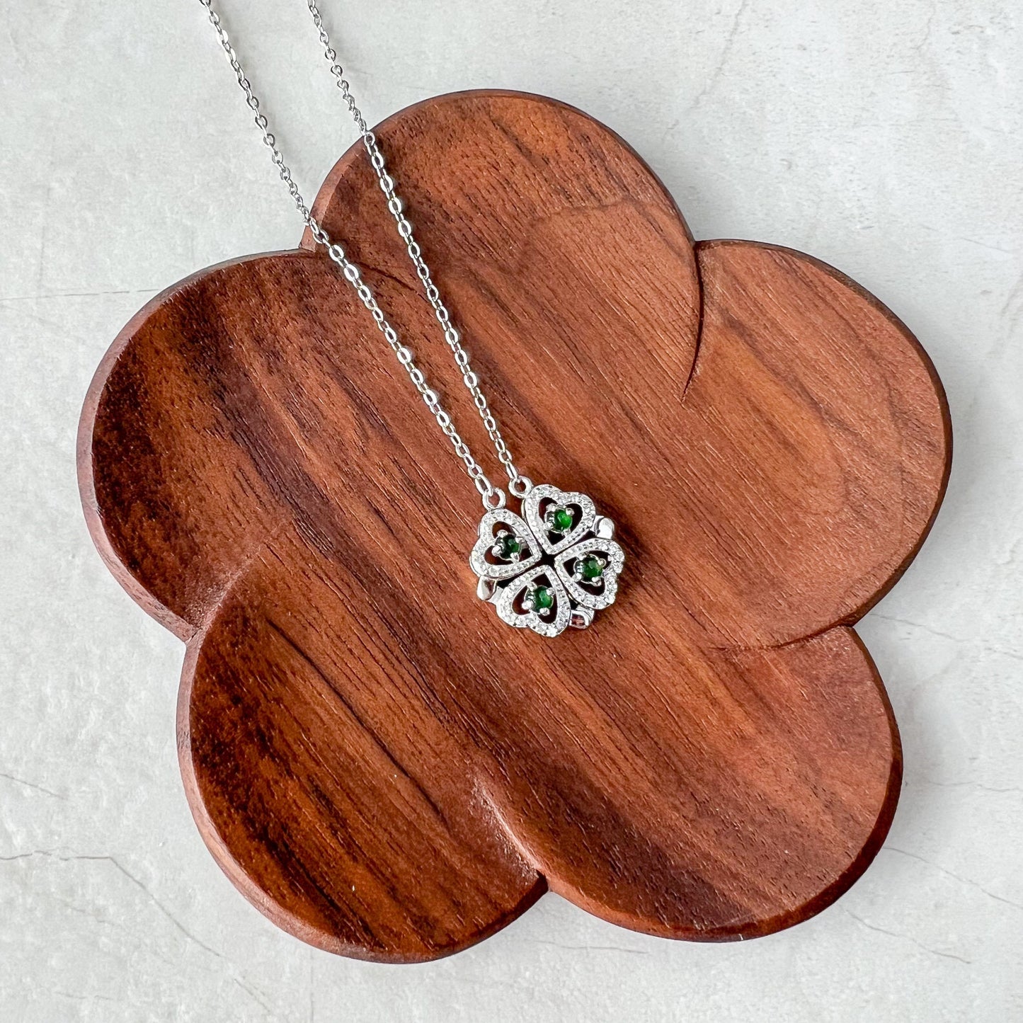 Green Four Leaf Clover Transform Jadeite Jade Sterling Silver Pendant, YZ-0422-0062801