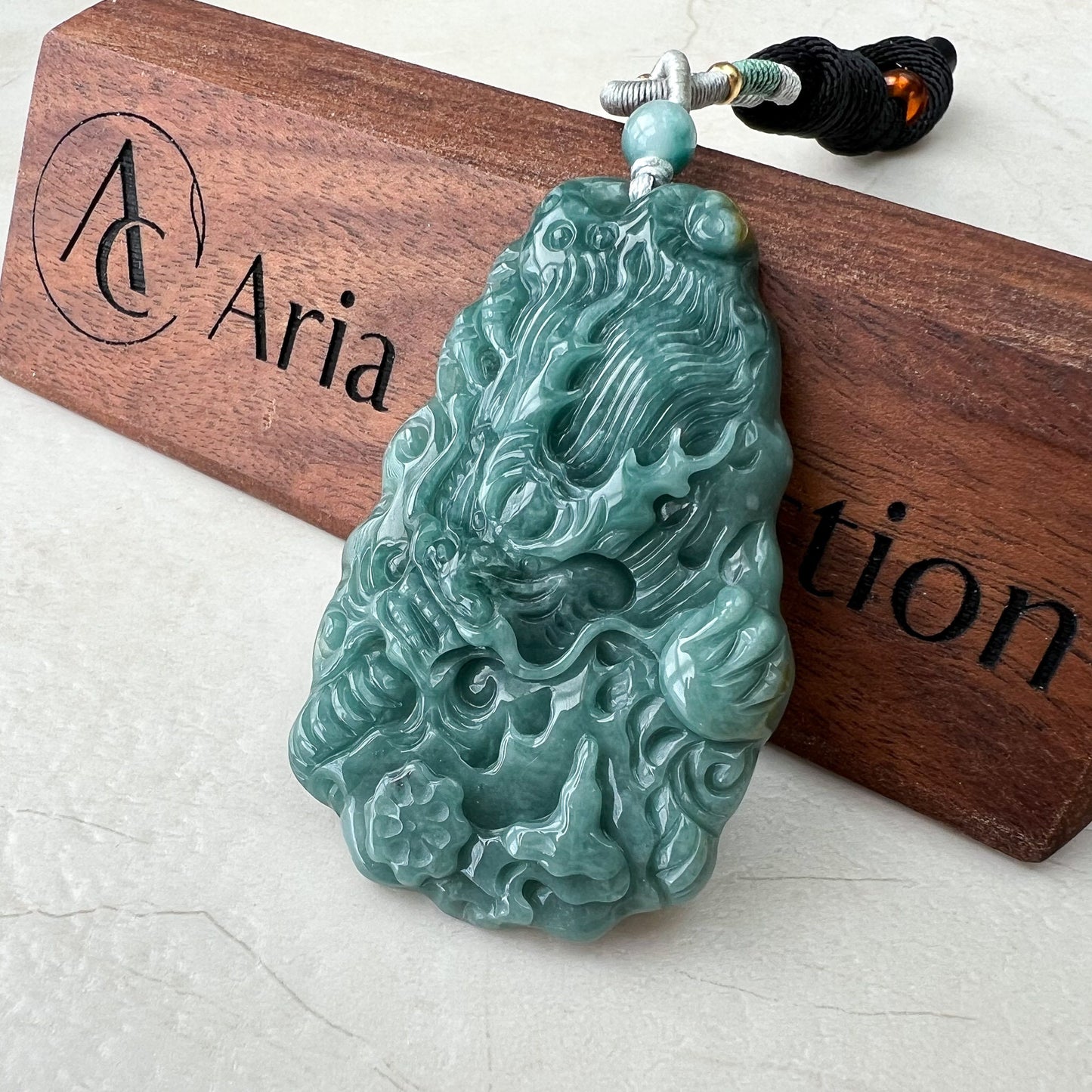 Green Jadeite Jade Dragon Chinese Zodiac Hand Carved Pendant Necklace, Green Blue Jade, XZ-0822-0004765
