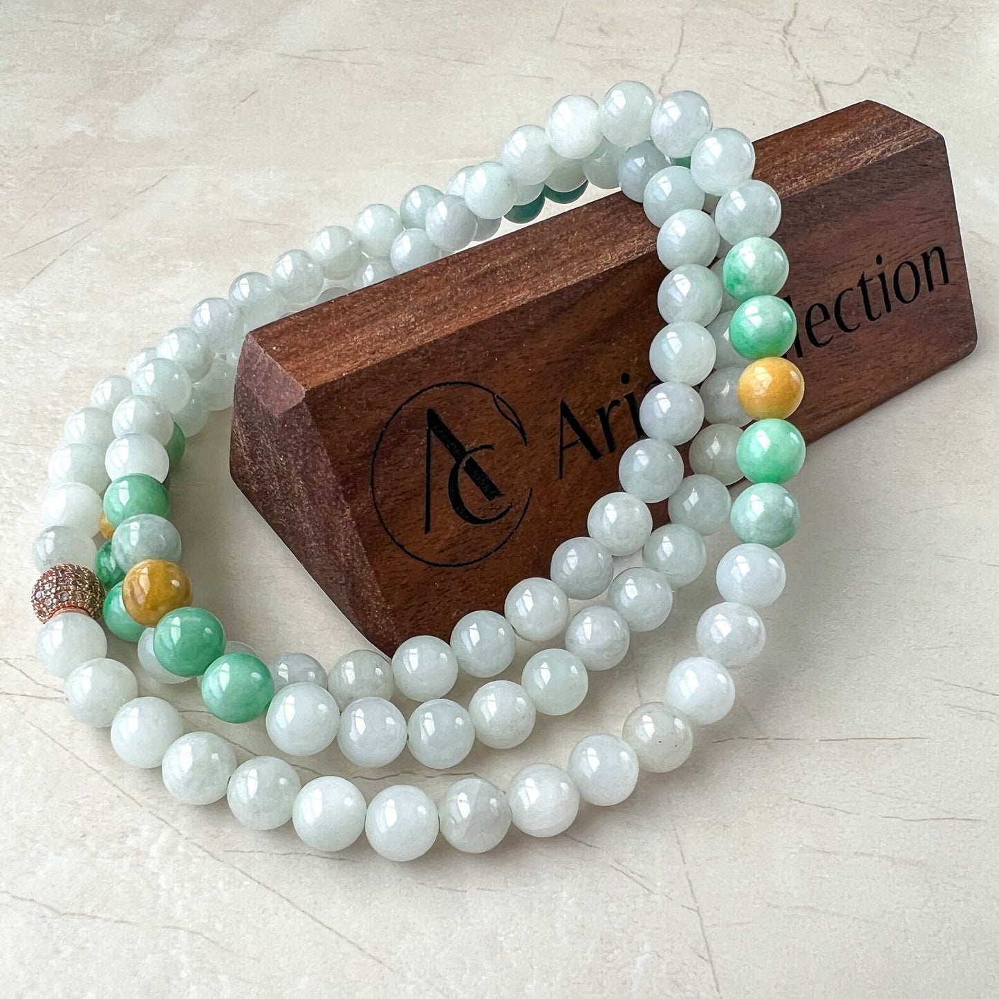 7.5 mm 108 White Green Yellow Jadeite Jade Mala Prayer Beads Bracelet Necklace, FCSG-1221-1678122966