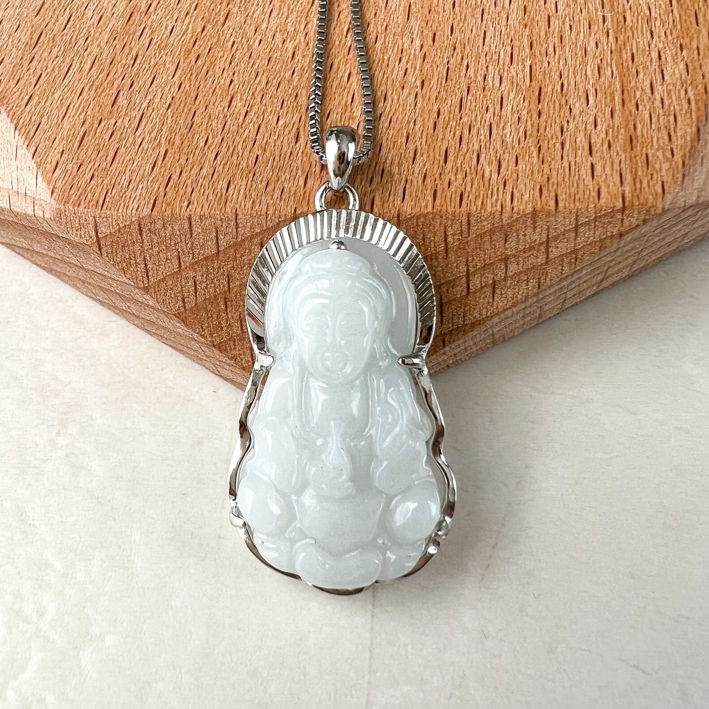 Jade Guan Yin, Kwan Yin, Avalokitesvara, 观音, Hand Carved Sterling Silver, White & light green jade Pendant Necklace, YS-0722-1676931139