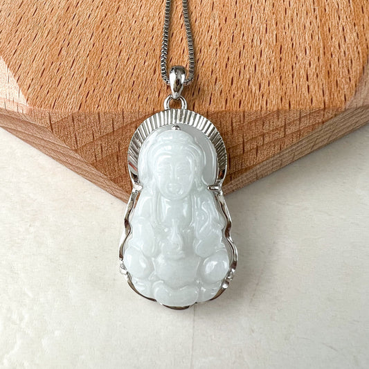 Jade Guan Yin, Kwan Yin, Avalokitesvara, 观音, Hand Carved Sterling Silver, White & light green jade Pendant Necklace, YS-0722-1676931139