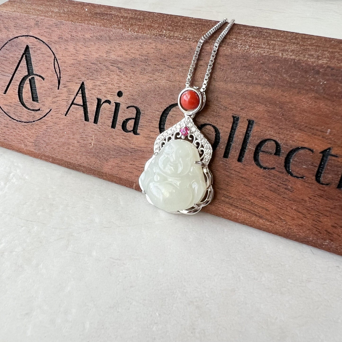Jade Happy Buddha, Nephrite Jade Sterling Silver Pendant Necklace, XWZ-1222-1679454201