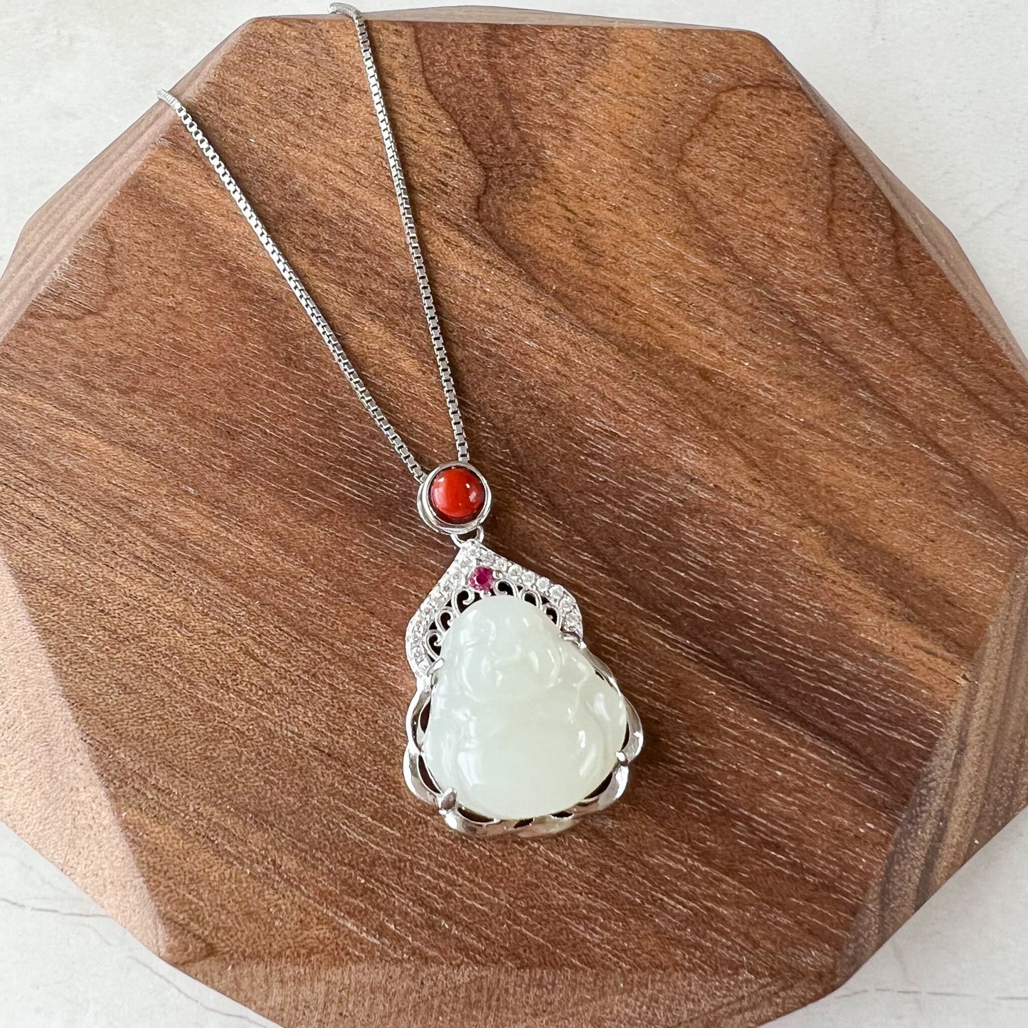 Jade Happy Buddha, Nephrite Jade Sterling Silver Pendant Necklace, XWZ-1222-1679454201