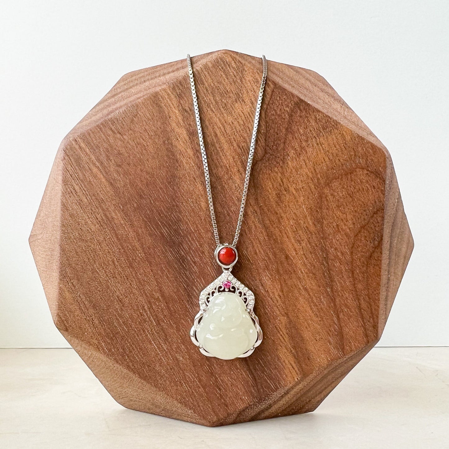 Jade Happy Buddha, Nephrite Jade Sterling Silver Pendant Necklace, XWZ-1222-1679454201