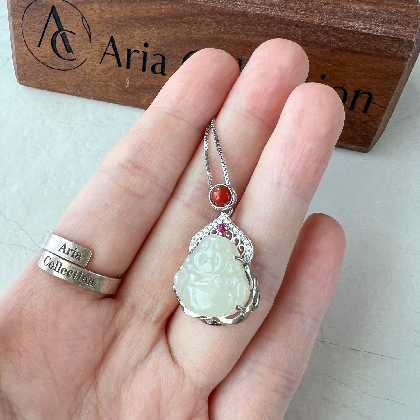 Jade Happy Buddha, Nephrite Jade Sterling Silver Pendant Necklace, XWZ-1222-1679454201
