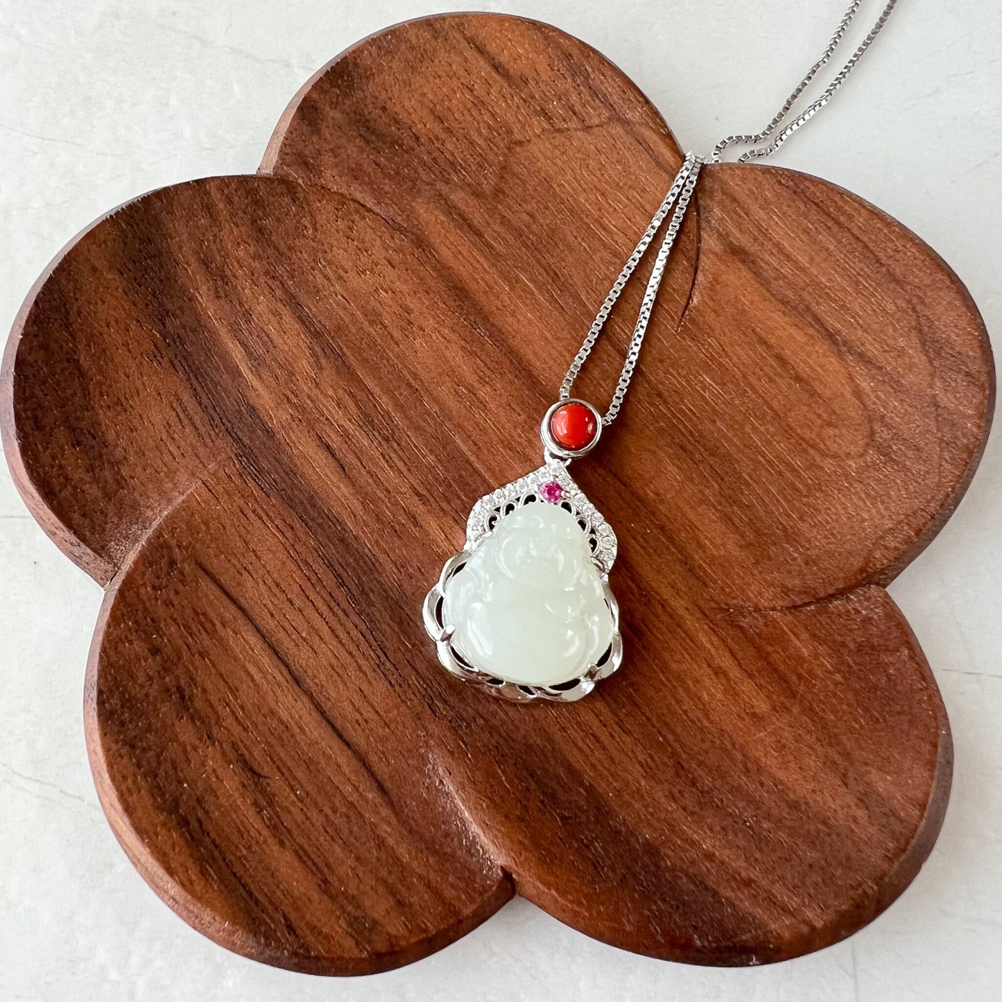 Jade Happy Buddha, Nephrite Jade Sterling Silver Pendant Necklace, XWZ-1222-1679454201