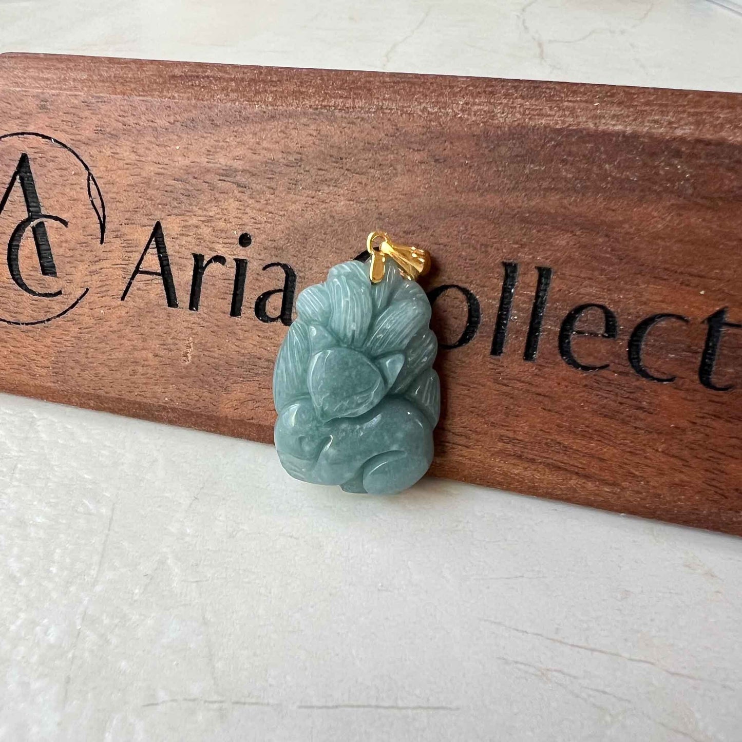 Nine 9 Tail Fox with 18K Gold Jadeite Jade Blue Green Hand Carved Pendant