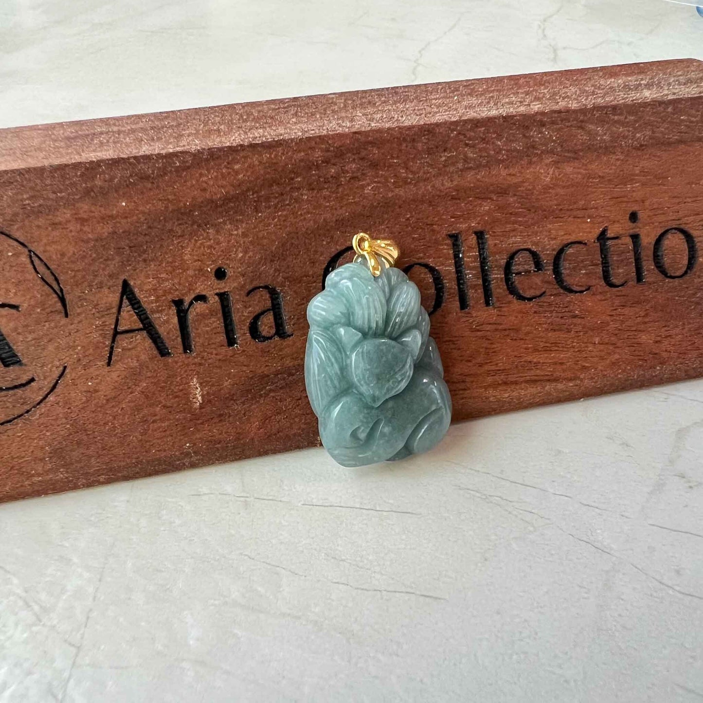 Nine 9 Tail Fox with 18K Gold Jadeite Jade Blue Green Hand Carved Pendant