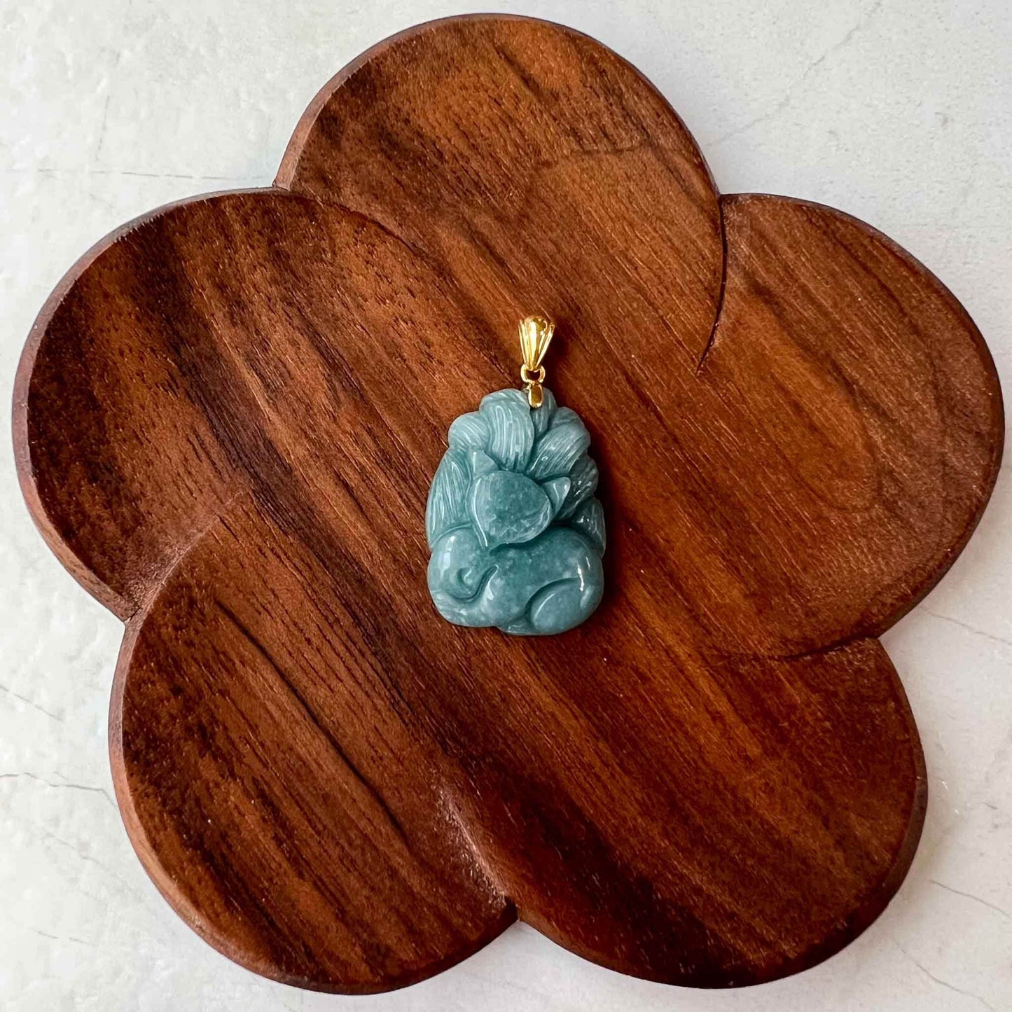 Nine 9 Tail Fox with 18K Gold Jadeite Jade Blue Green Hand Carved Pendant