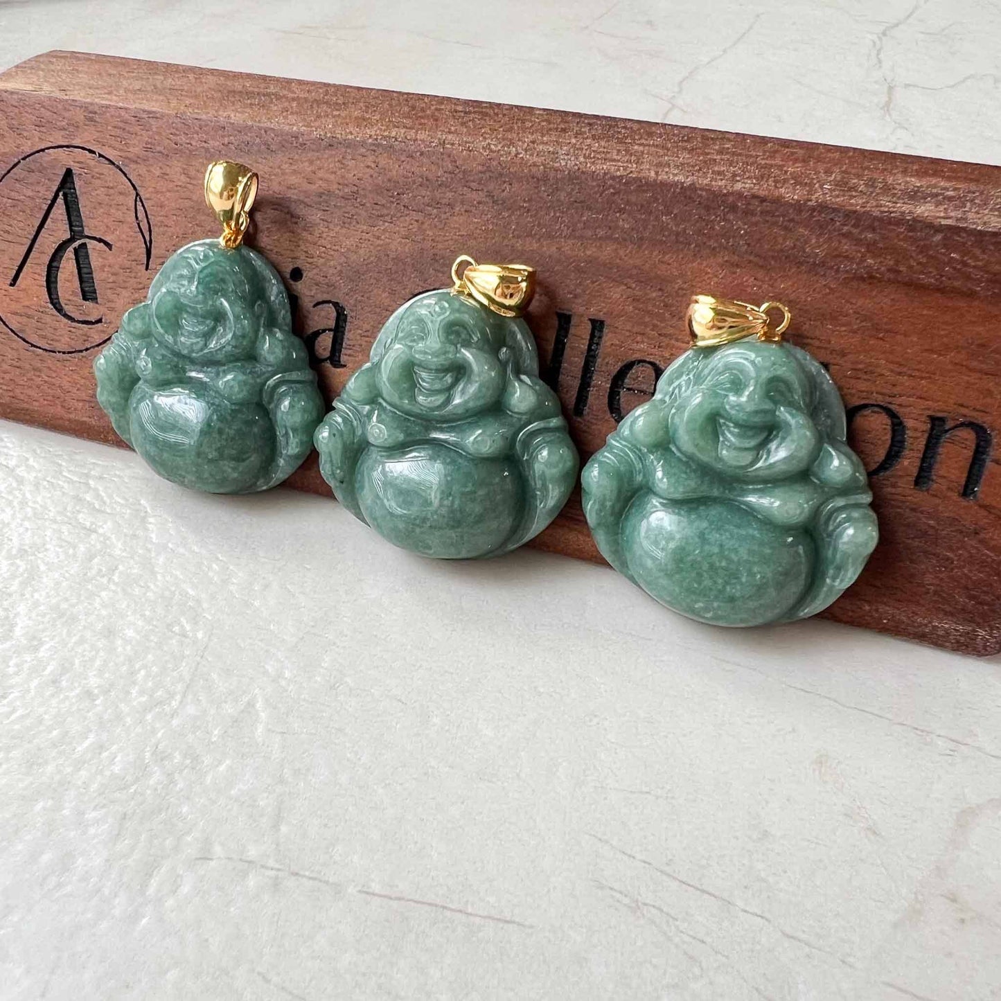 Green Happy Buddha Jadeite Jade with 18K Solid Gold Pendant, SHWQ-0423-1682304755