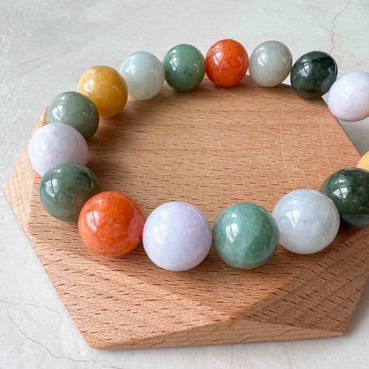 13 mm Multi-color Green Yellow Red Purple Jadeite Jade Mala Beads Bracelet - NOT ELASTIC, XNZ-1022-1681761902