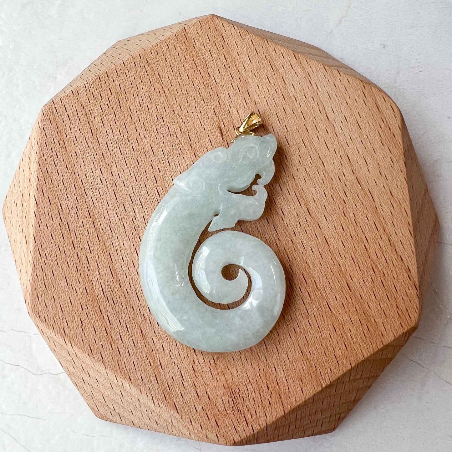 Jade Twisted Dragon Pendant with 18K Gold, White Jadeite Jade Zodiac Hand Carved Pendant