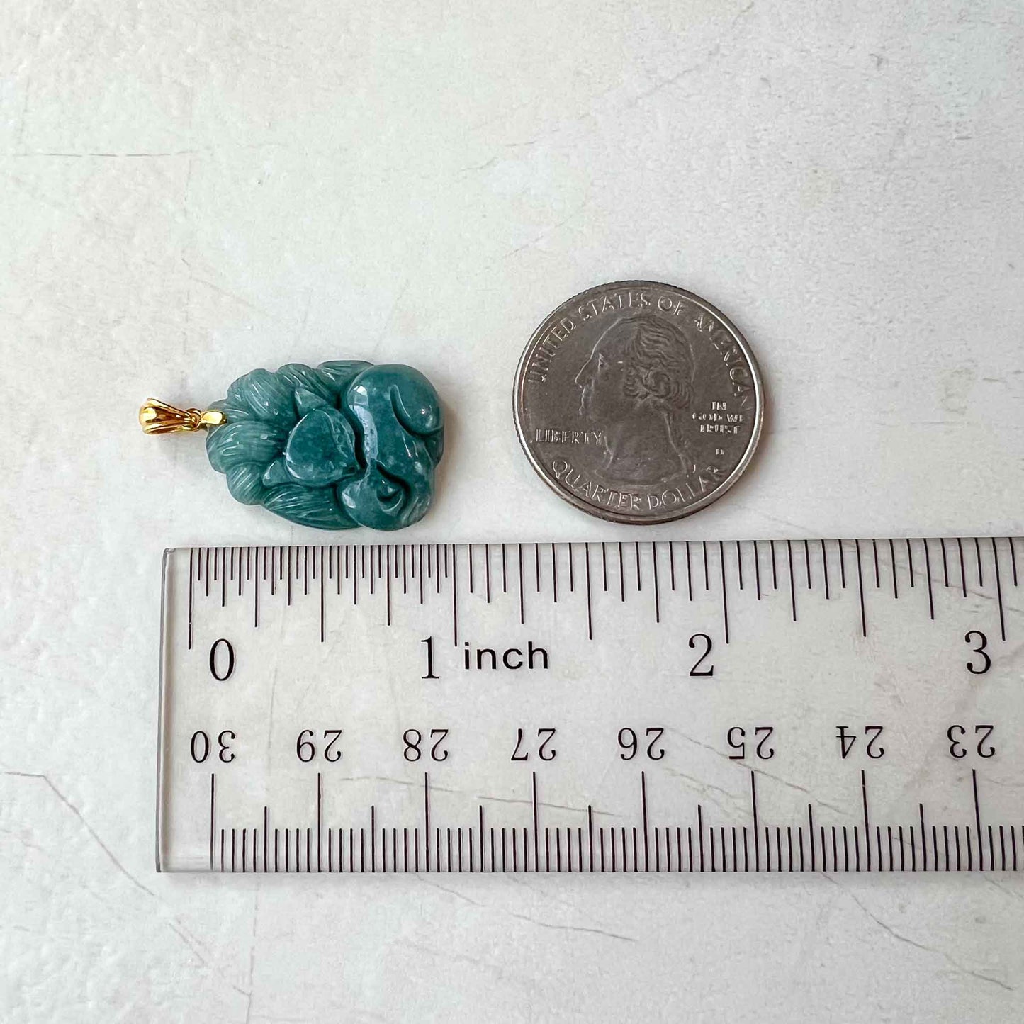 Nine 9 Tail Fox with 18K Gold Jadeite Jade Blue Green Hand Carved Pendant