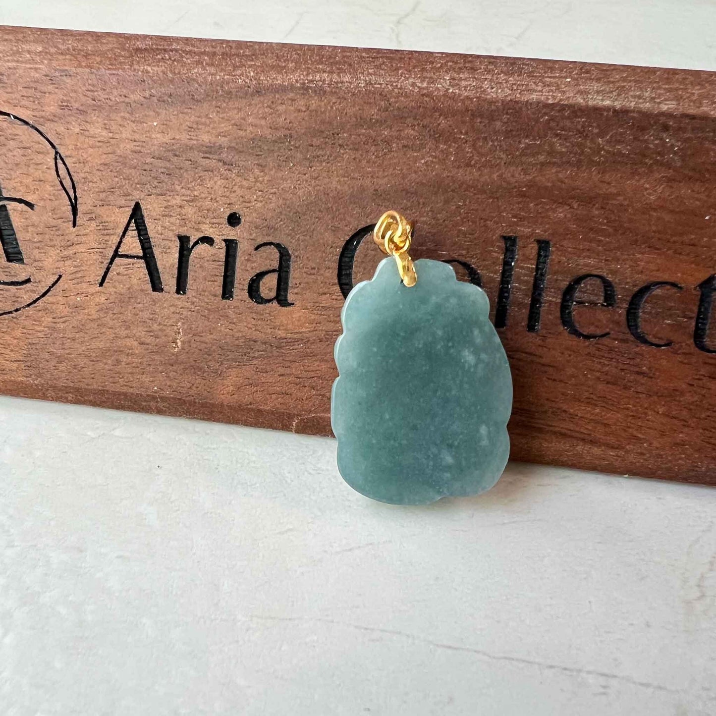 Nine 9 Tail Fox with 18K Gold Jadeite Jade Blue Green Hand Carved Pendant