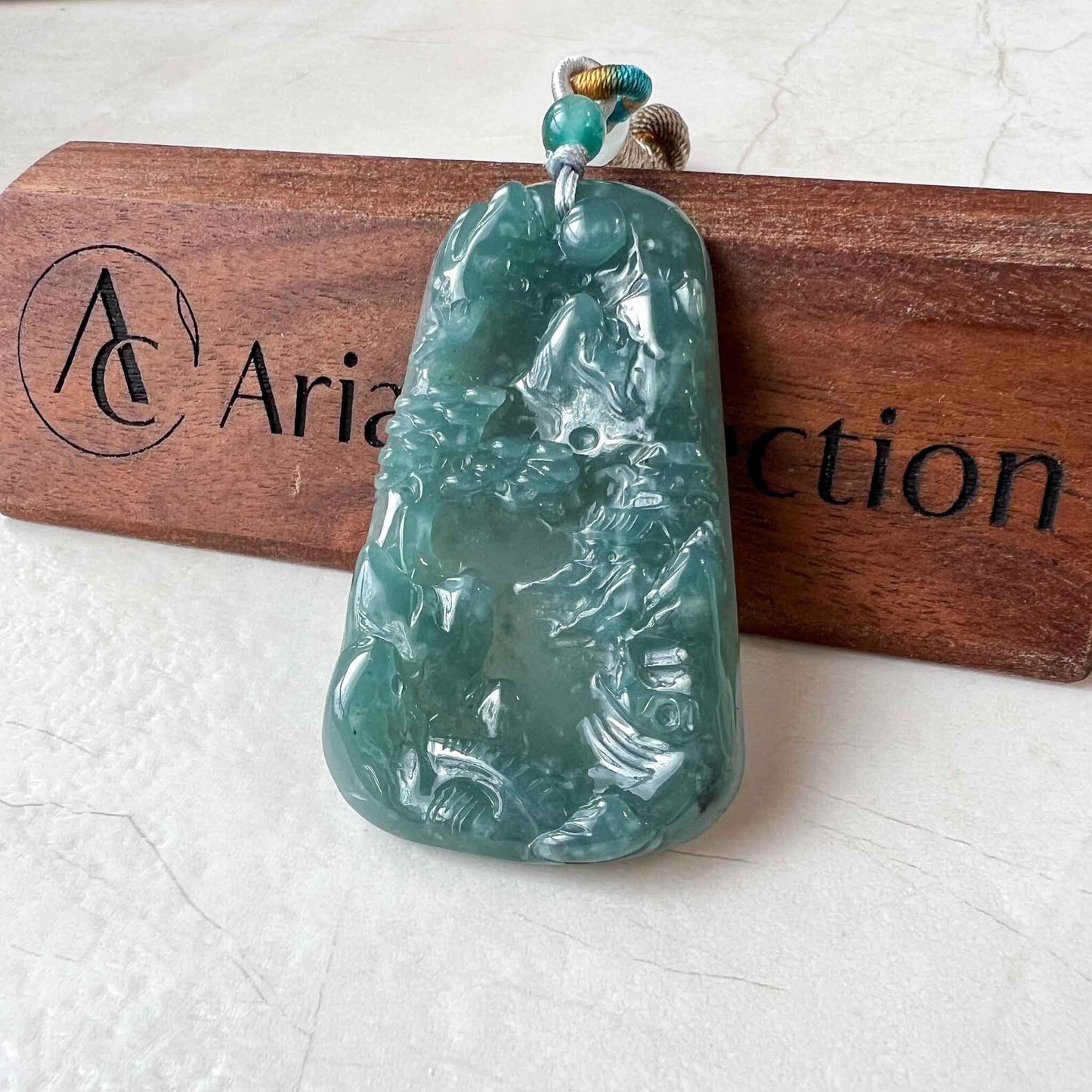 Jadeite Jade Landscape Mountain Forest River Scenery Hand Carved Pendant Necklace, Blue Green Jade Pendant, XZ-0822-0004812