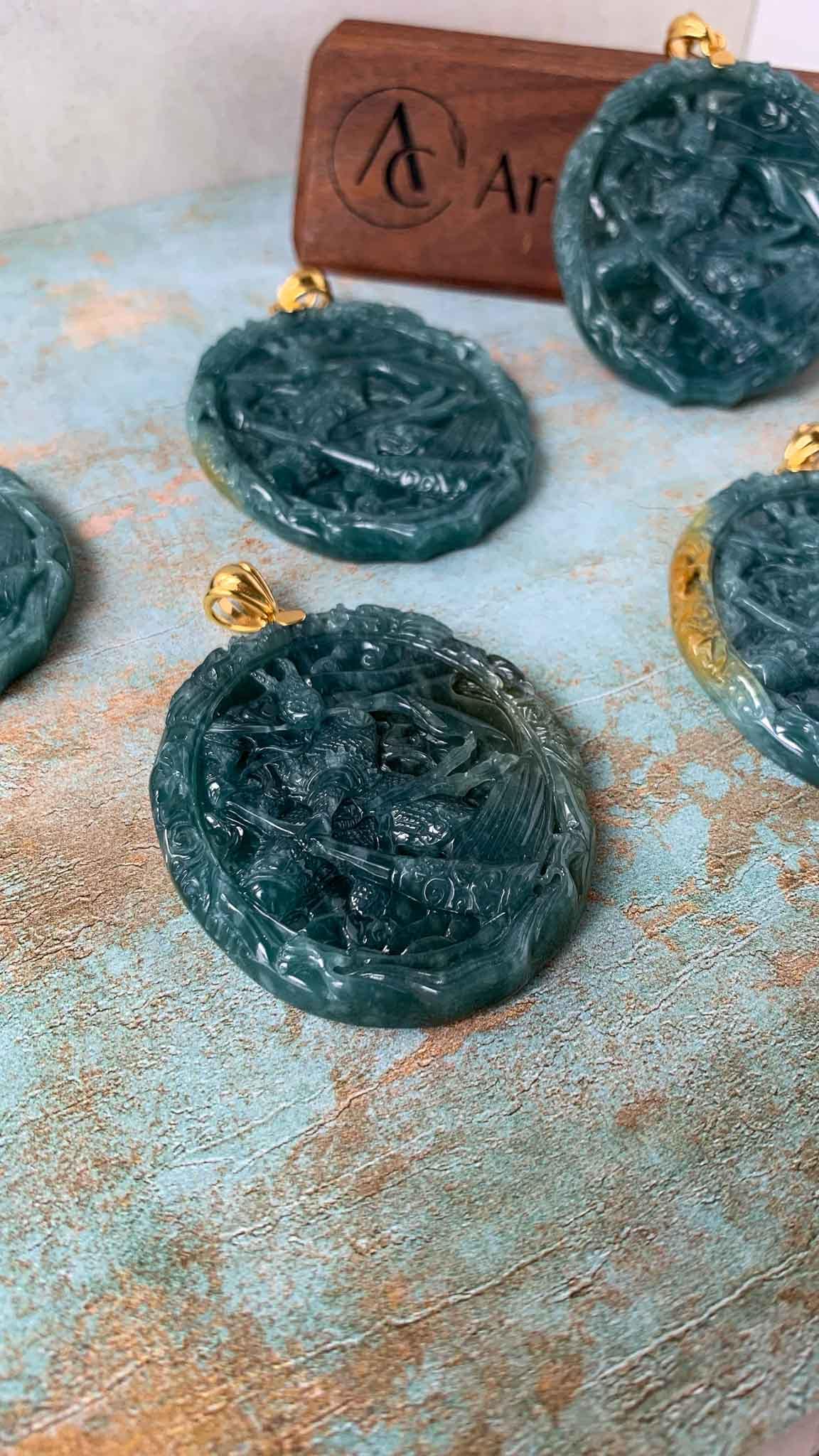 Blue Green Jadeite Jade Monkey King with 18K Gold Pendant, Sun Wu Kong, 孙悟空, Chinese Zodiac Carved, XZG-0423-1684022066