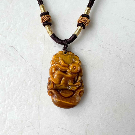 Tiger Eye Rabbit Chinese Zodiac Carved Pendant Necklace, YW-0110-1685930125