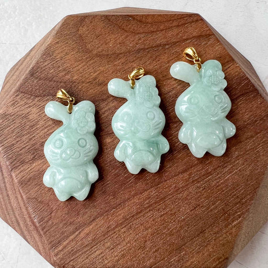 Light Green Jadeite Jade Cartoon Rabbit Pendant with 18K Solid Gold, SHWQ-0423-1684527699
