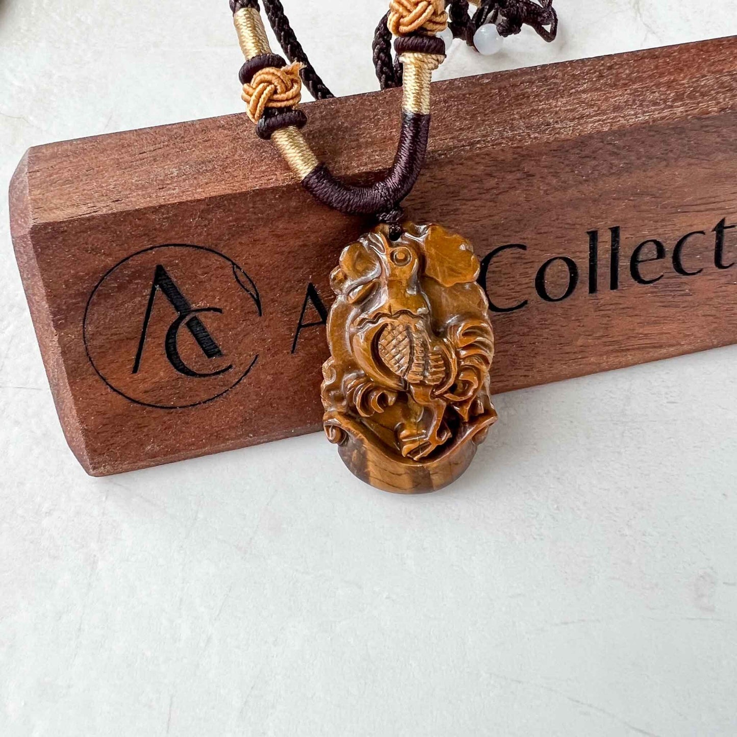Tiger Eye Rooster Chicken Chinese Zodiac Carved Pendant Necklace, YW-0110-1685928242