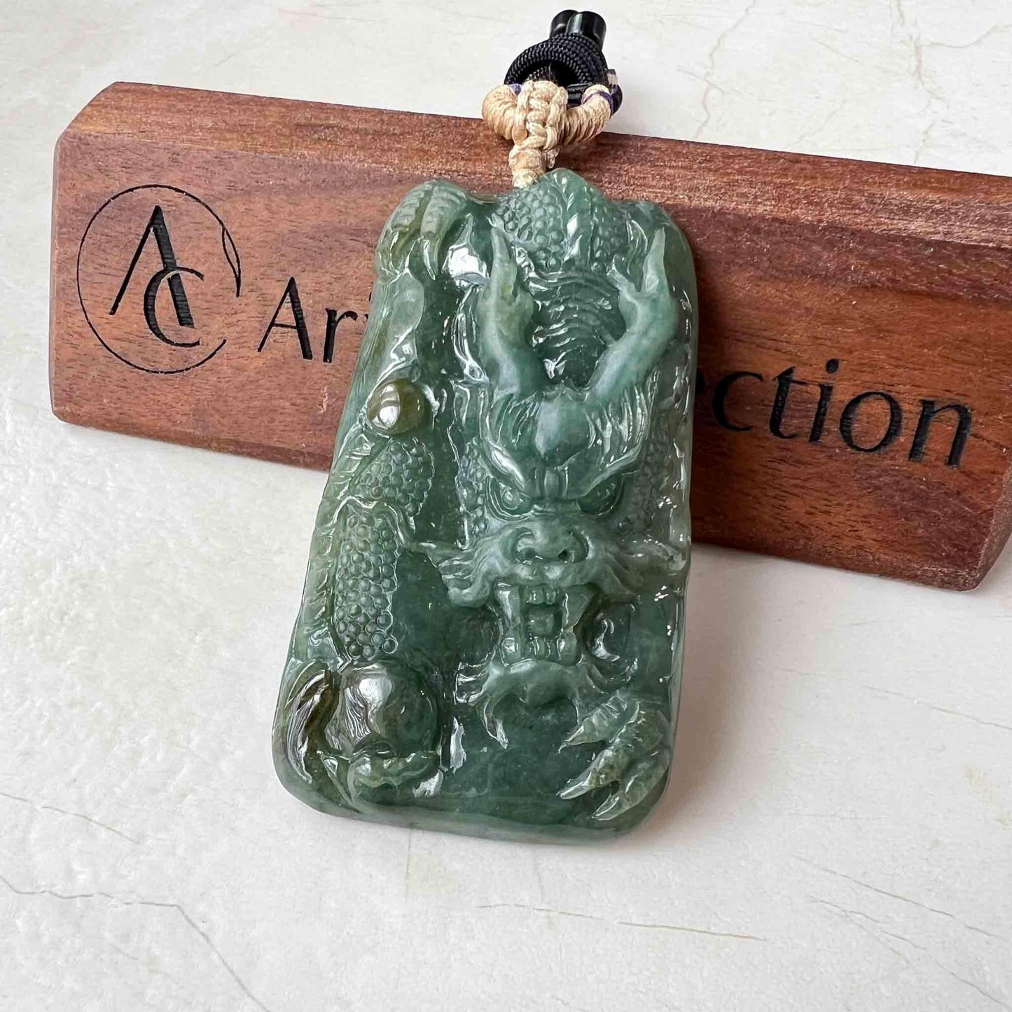 Green Jadeite Jade Dragon Chinese Zodiac Hand Carved Pendant Necklace, YJ-1222-0098069