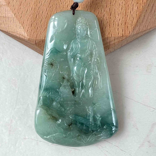 Jadeite Jade Lady Buddha, Guan Yin Mountain Landscape Avalokiteshvara, 观音, Hand Carved Pendant Necklace, YX-1122-1688528676