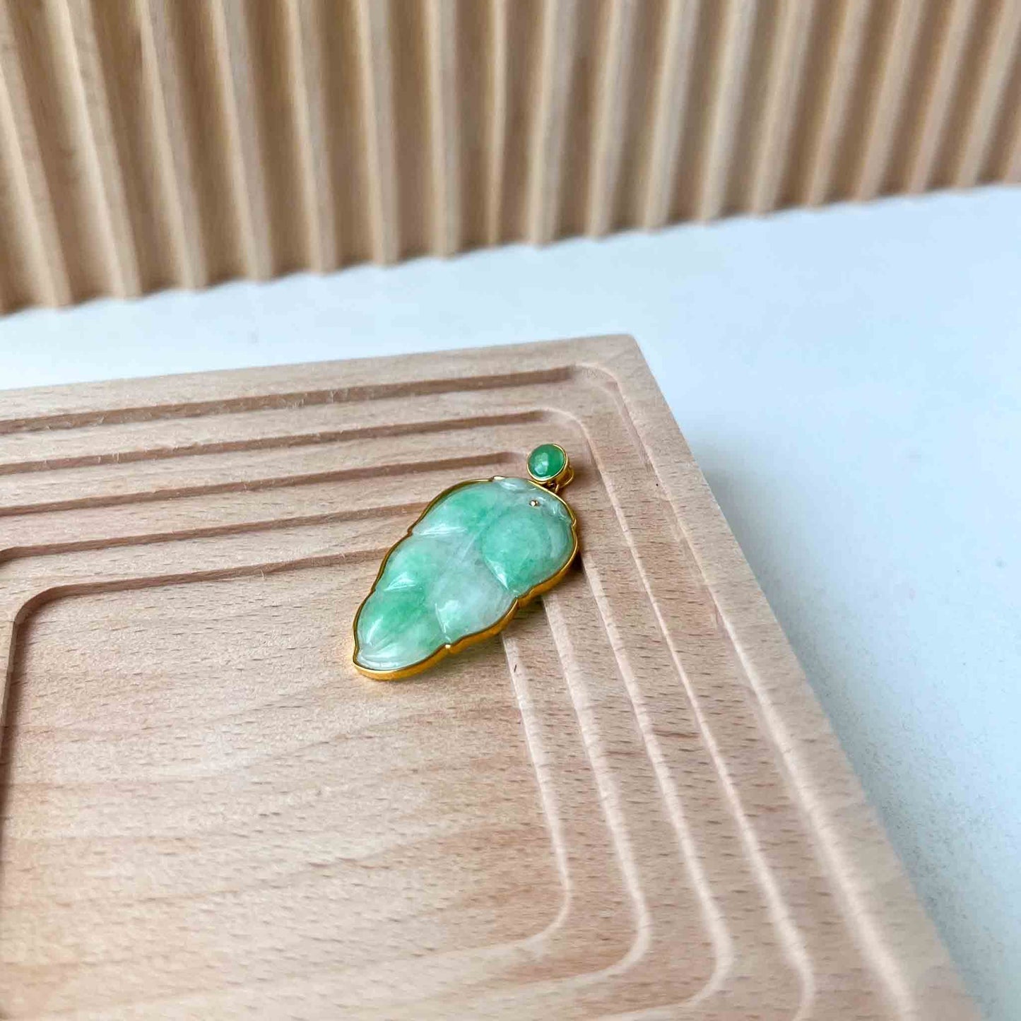 Green Jade Leaf with solid 18K Gold Frame, Jadeite Jade, Leaf Minimalist Hand Carved Pendant, YW-0110-1695763989