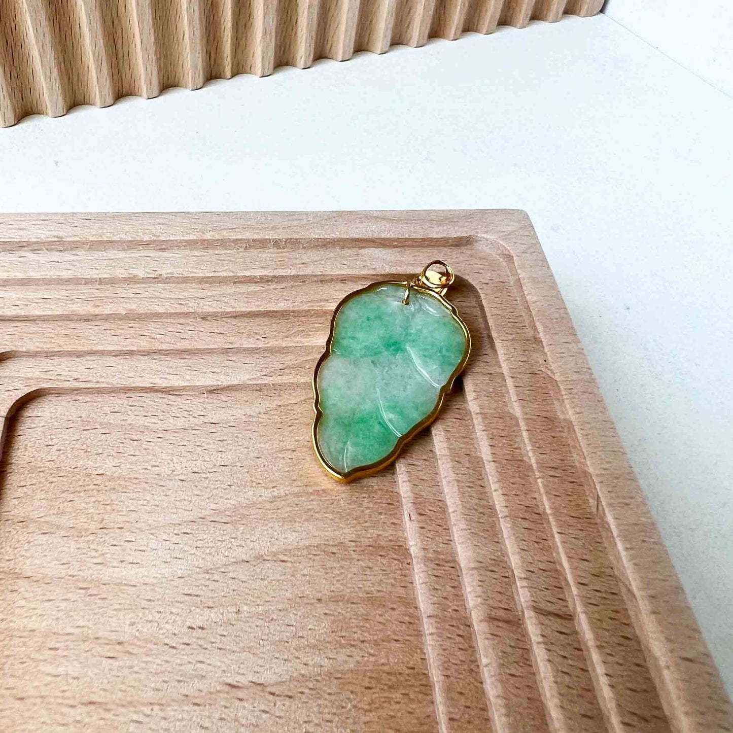 Green Jade Leaf with solid 18K Gold Frame, Jadeite Jade, Leaf Minimalist Hand Carved Pendant, YW-0110-1695763989