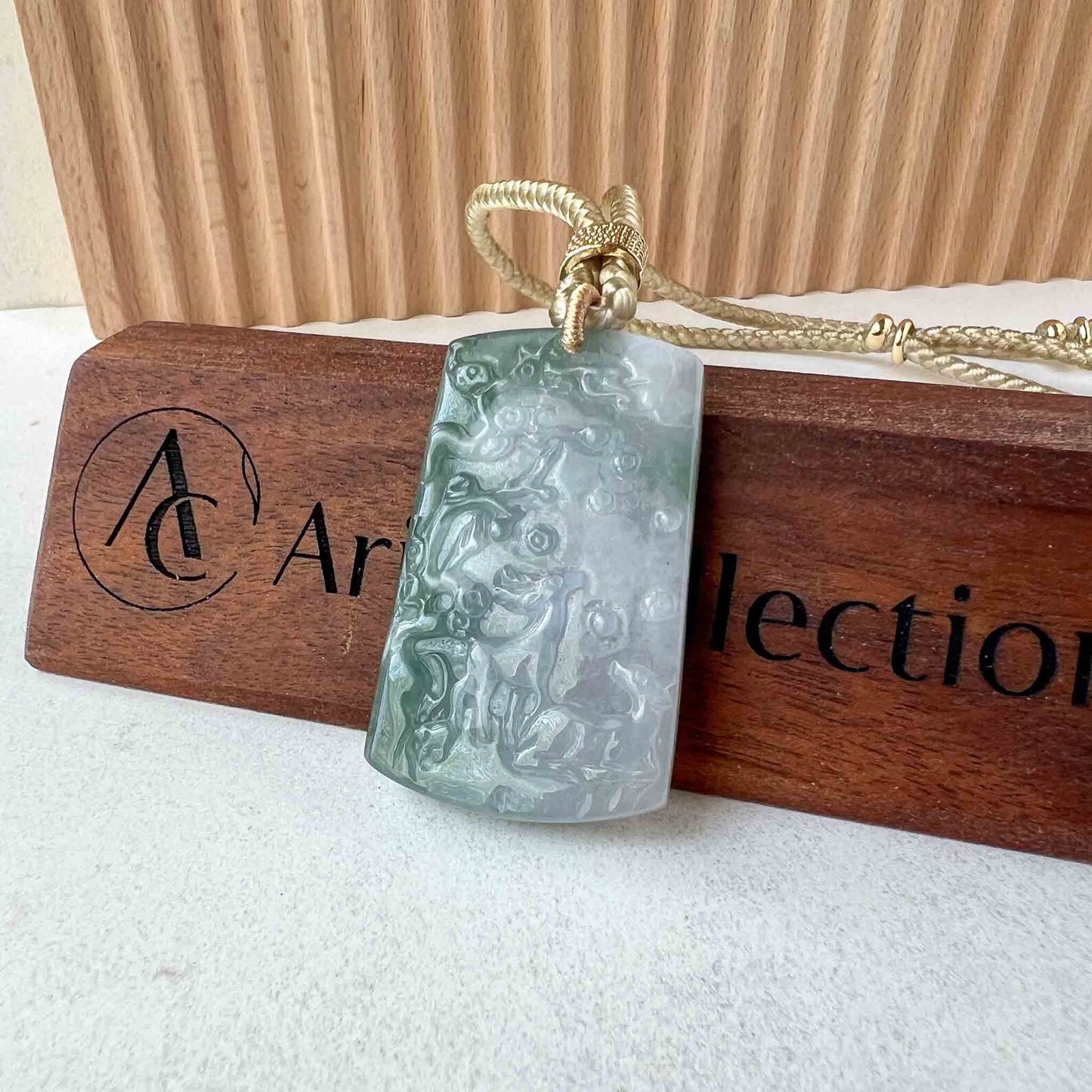 Green White Jadeite Jade Deers in Forest Hand Carved Pendant Necklace, YJ-1022-0064623