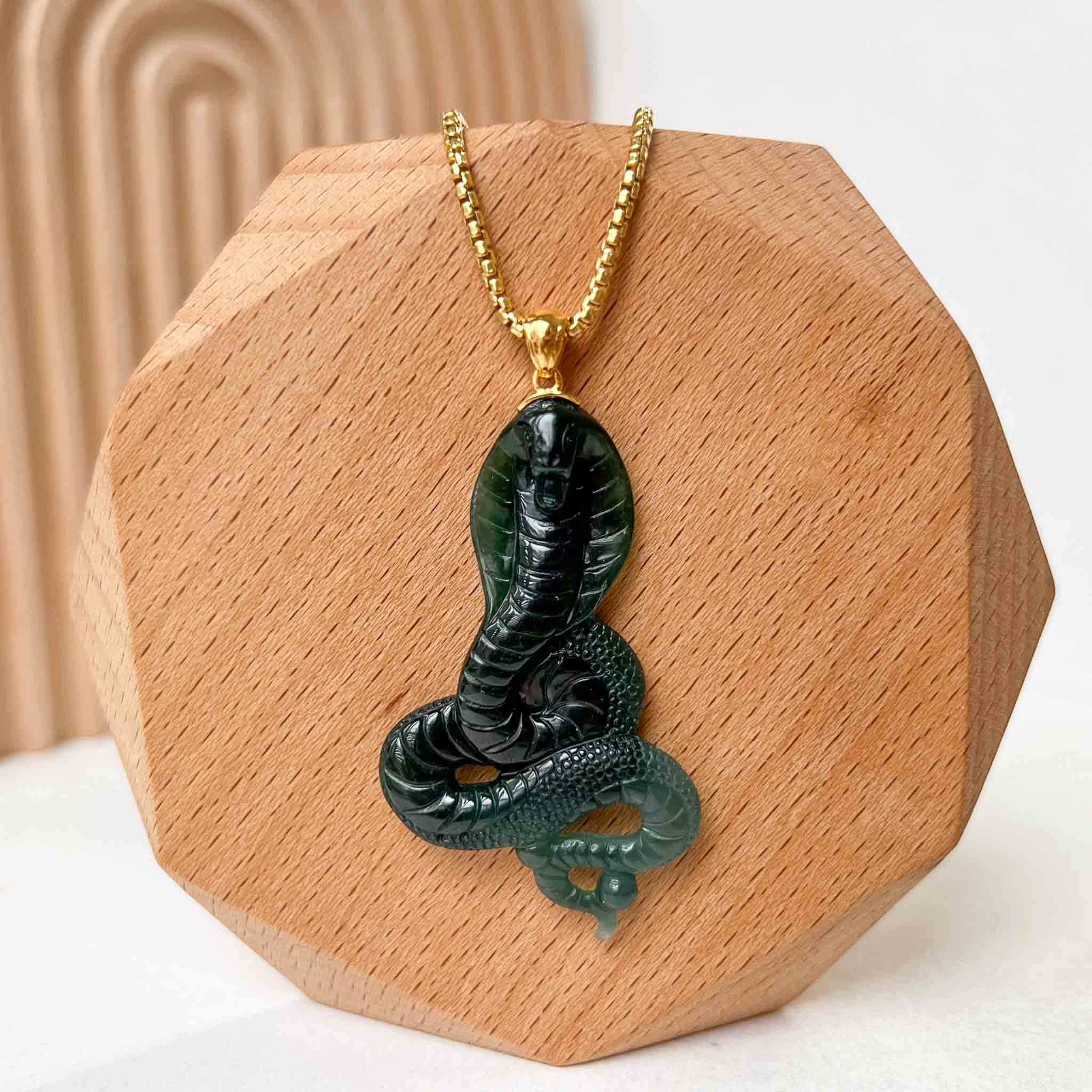 Jadeite Jade Snake Chinese Zodiac Carved Pendant With 18K Solid Gold B ...