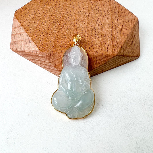 Ice Jadeite Jade Guan Yin Avalokiteshvara, Hand Carved Pendant with 18K Solid Gold, Guanyin, 观音,Lady Buddha, BH-0123-1700117786