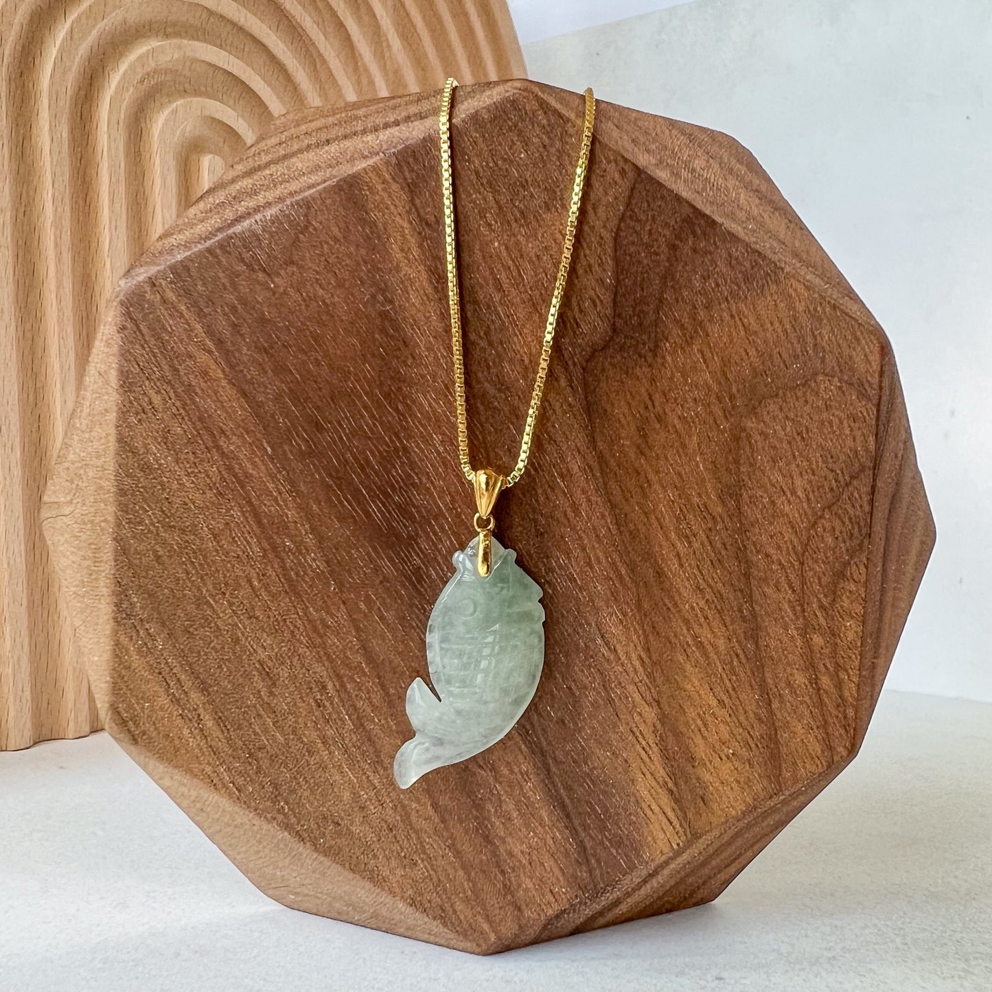 Jadeite Jade Small Translucent Fish Pendant with 18K Solid Gold Bail, SHWQ-0423-1700374598
